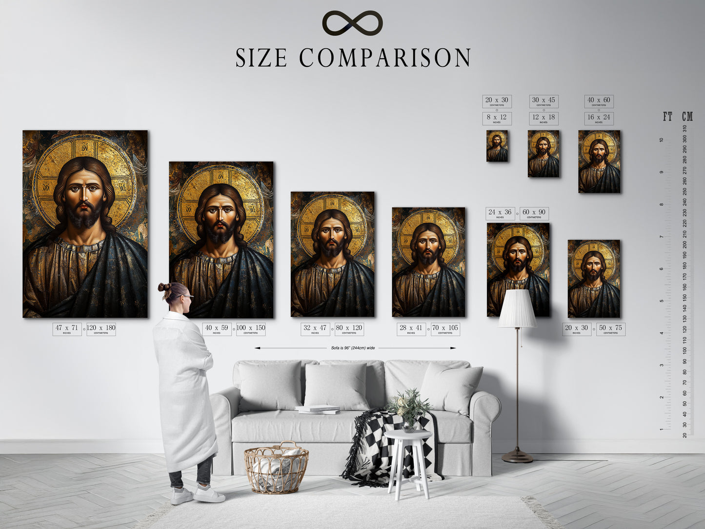 A size comparison chart displayed in an interior. This helps you visualize the artwork's scale. Choose the perfect size for your space. Plan your wall decor with our helpful size guide. Find the ideal dimensions for your artwork.