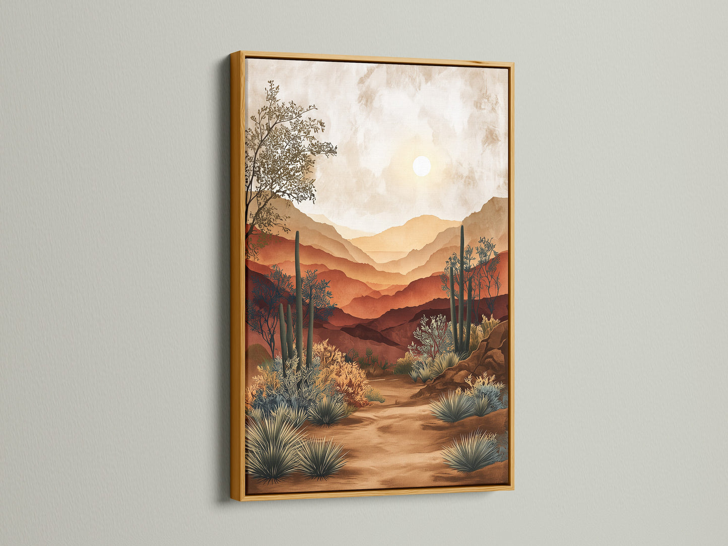 The desert artwork gets a touch of luxury with a gold frame. The artwork features a desert scene. The art includes cacti mountains and a bright sun. The gold frame adds warmth and elegance. This framed artwork is a stylish focal point.