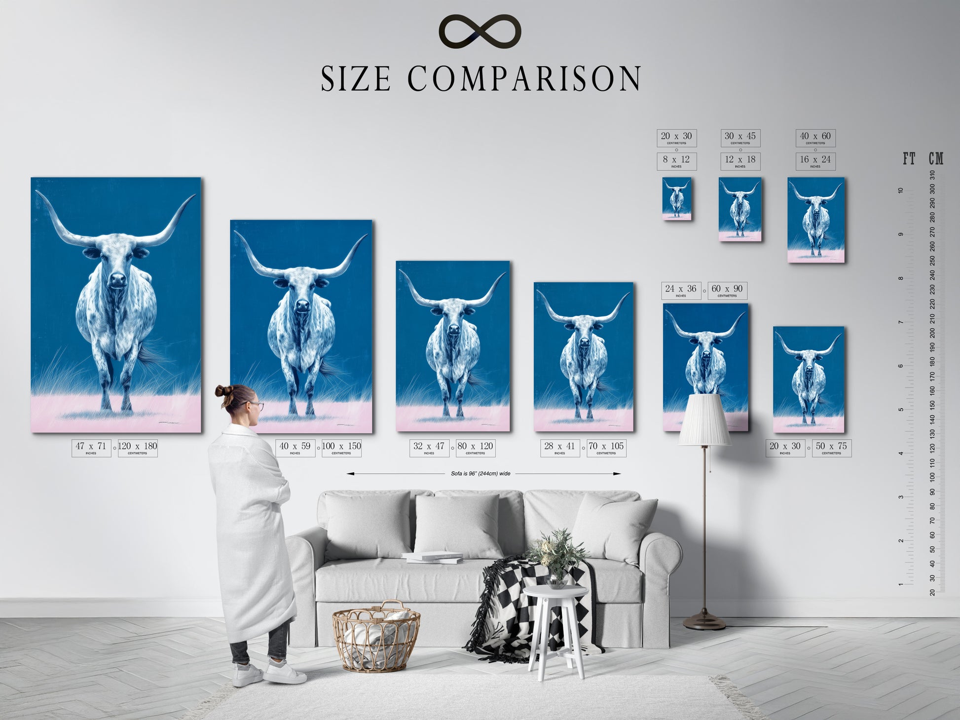 A size comparison chart is shown in an interior setting. This chart helps you visualize the longhorn bull artwork in different sizes. Find the perfect fit for your living room or office wall. Choose the ideal size.