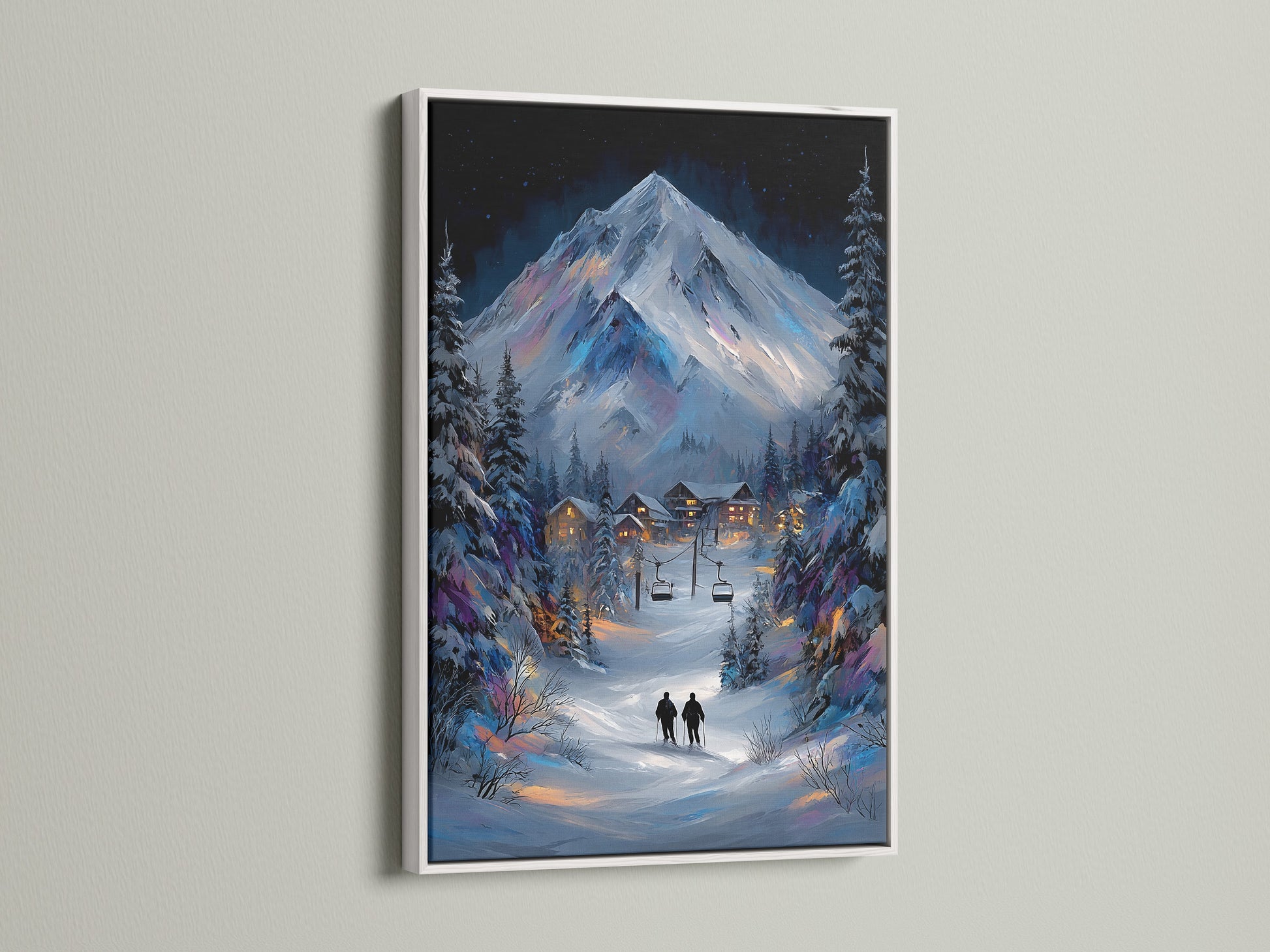 Brighten your home with winter mountain artwork in a white frame. The snowy alpine landscape painting brings a fresh look to any room. This canvas print is ideal for cozy cabin decor. The white frame complements the cool winter tones.