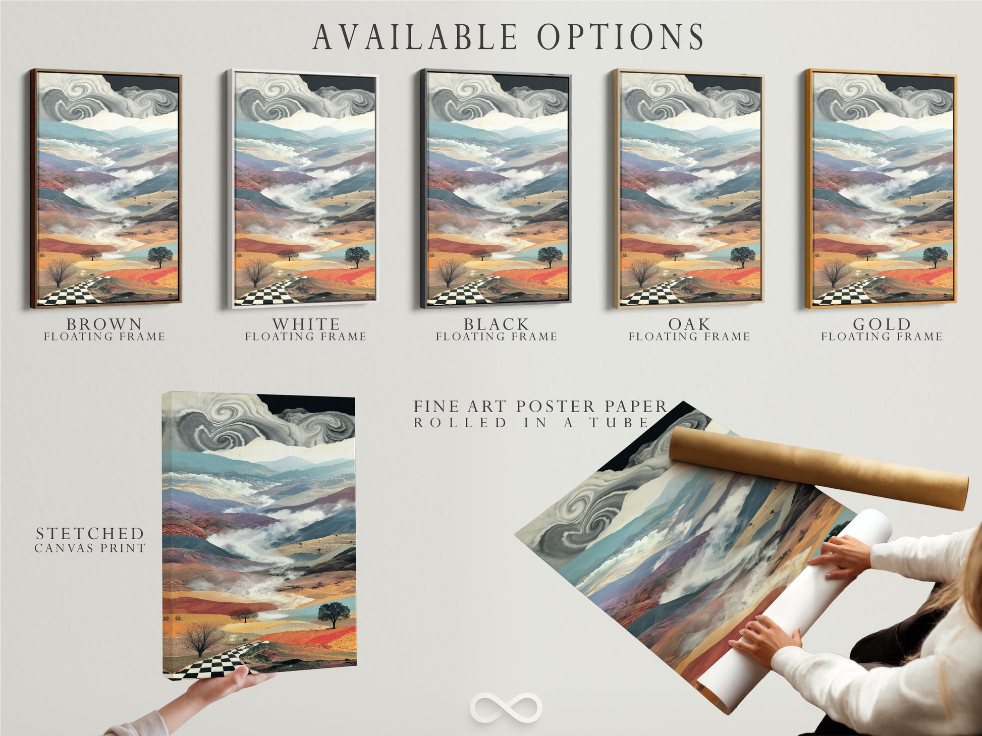 Available options include stretched canvas print fine art poster paper and floating frame. Displaying surreal landscape artwork with dreamy mountains and a checkered path. Choose the perfect style for your decor.