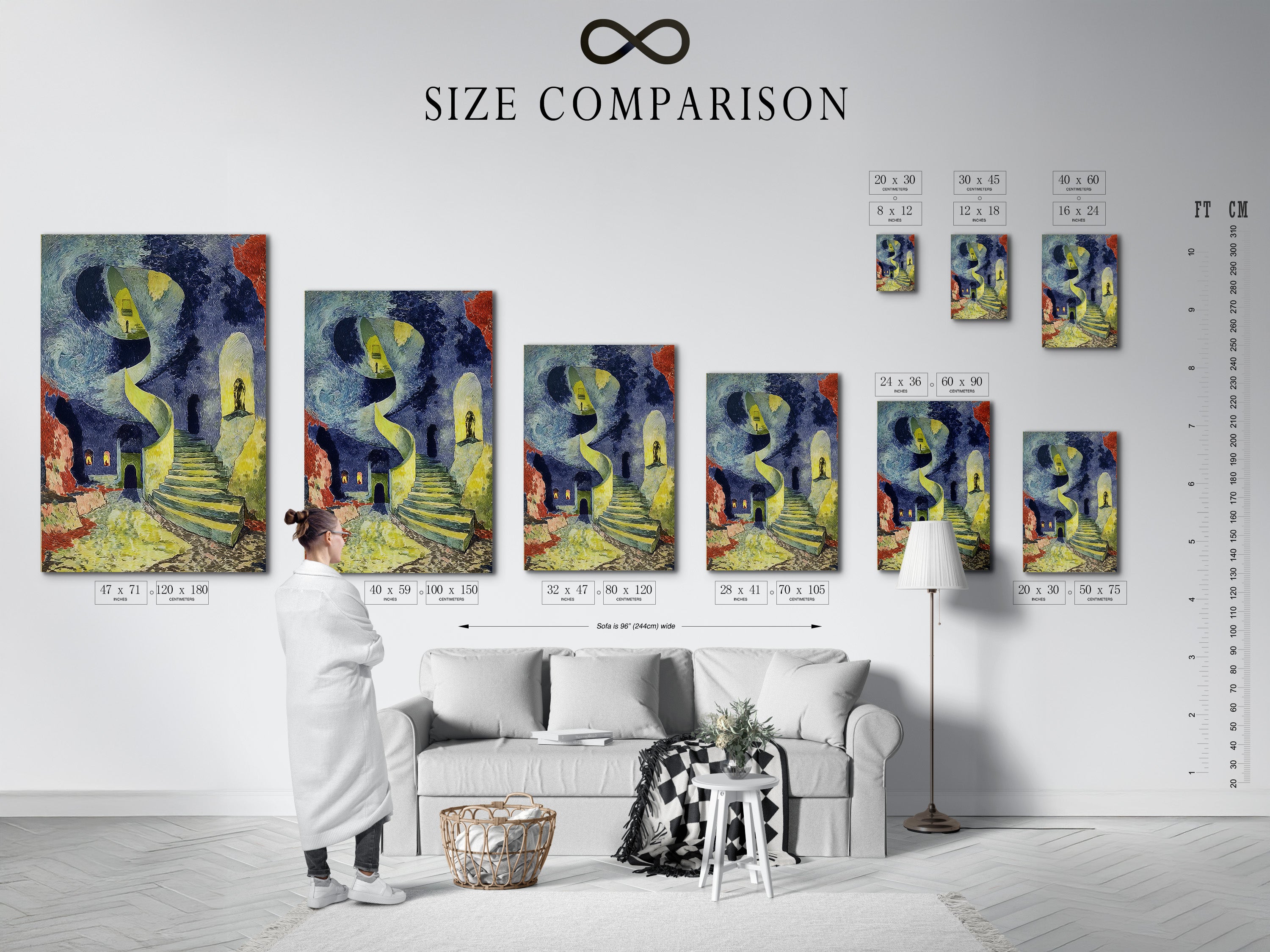The size comparison chart is displayed in an interior setting. The surreal staircase artwork is available in various sizes. This print showcases a Van Gogh style. It's dreamlike architecture. The art nouveau style is prominent with blue and yellow hues. Find the perfect fit for your space. It suits modern eclectic or dorm room decor.