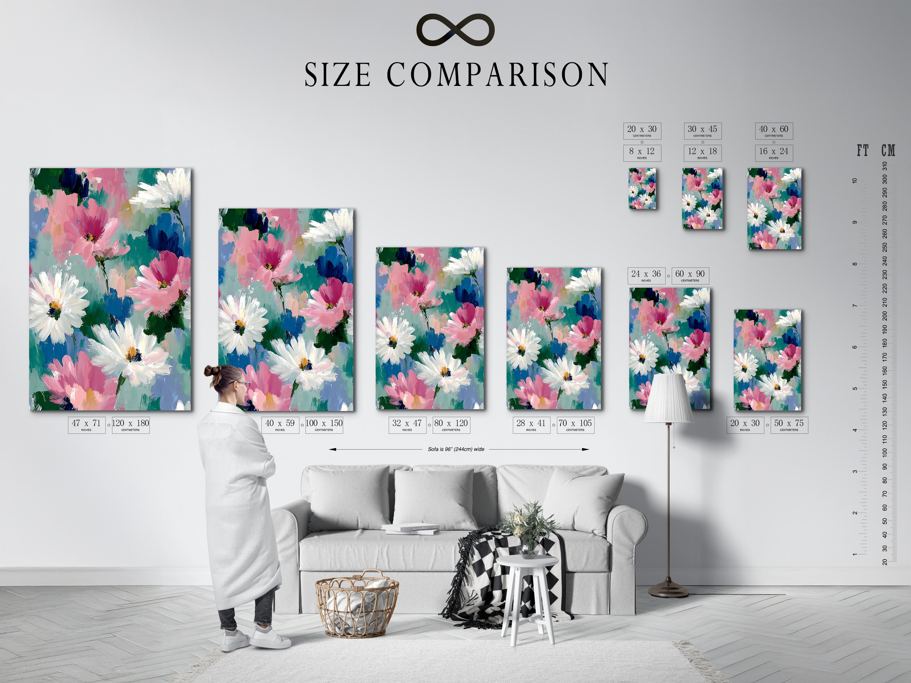 A size comparison chart displayed in a stylish interior. Helping you visualize the perfect dimensions for your abstract floral art. See how different sizes of daisy wall art can transform your space. Select the ideal botanical canvas for your living room or bedroom.