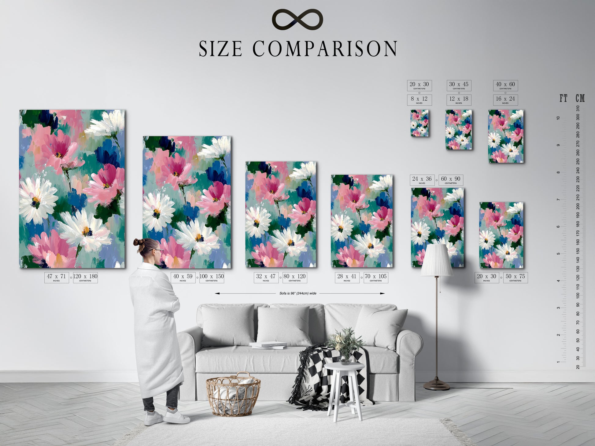A size comparison chart displayed in a stylish interior. Helping you visualize the perfect dimensions for your abstract floral art. See how different sizes of daisy wall art can transform your space. Select the ideal botanical canvas for your living room or bedroom.