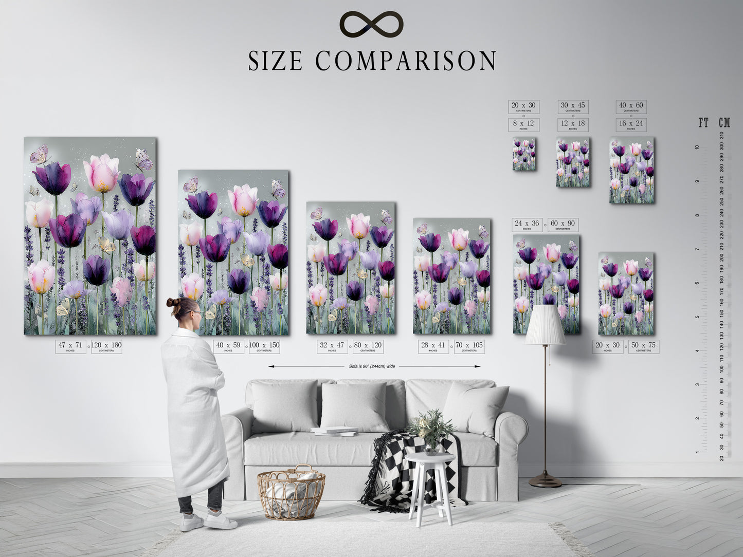 A size comparison chart is displayed in an interior setting. The chart helps visualize different artwork sizes in a room. Various frame and canvas options are showcased. This chart aids in selecting the perfect artwork size for your space. It provides a helpful reference for making informed art purchases.