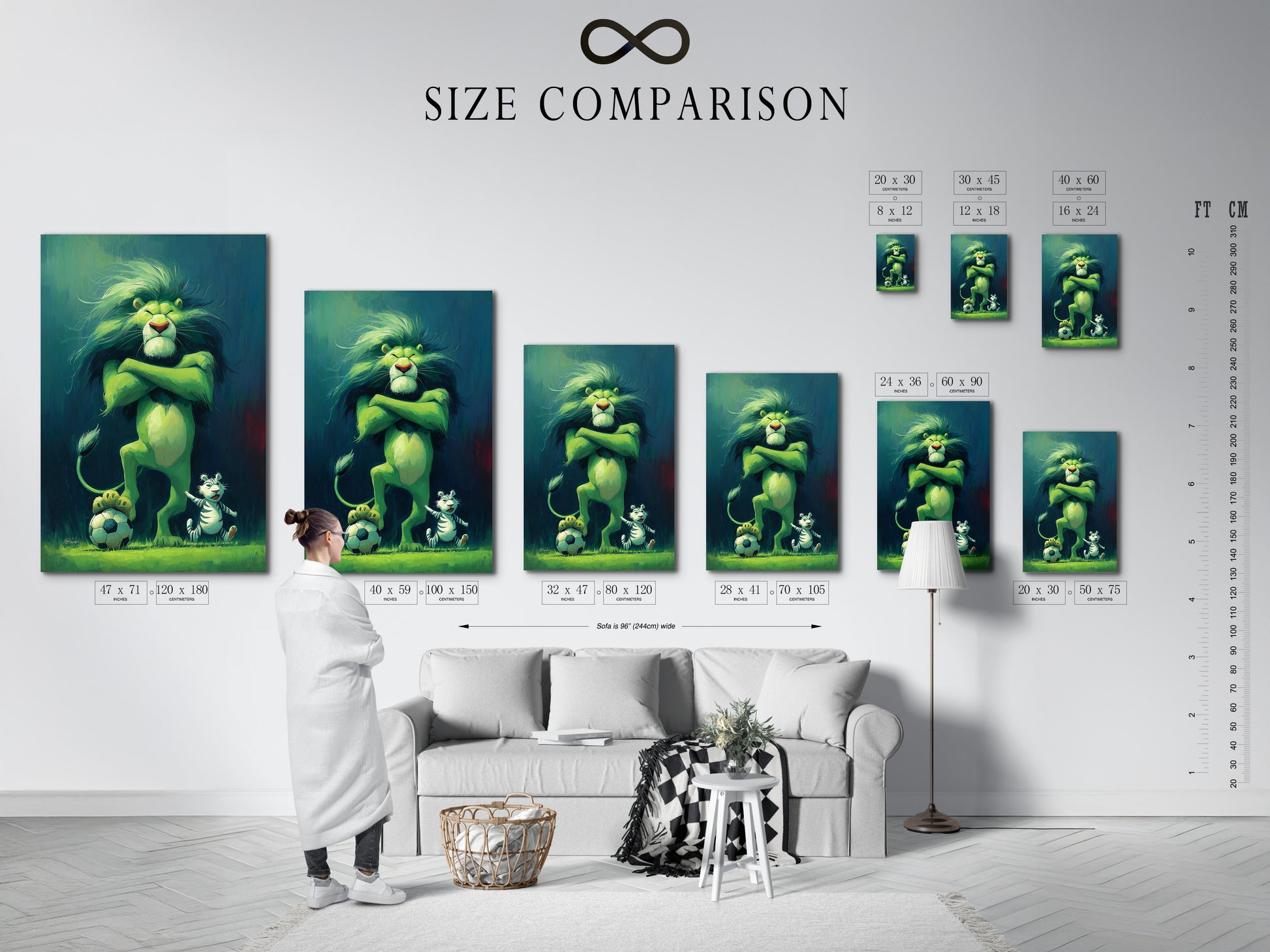A size comparison chart displayed in an interior setting. It helps visualize how the Lion King Simba artwork will look in a room. Choose the perfect size for your nursery or kids room. It ensures the artwork fits perfectly.