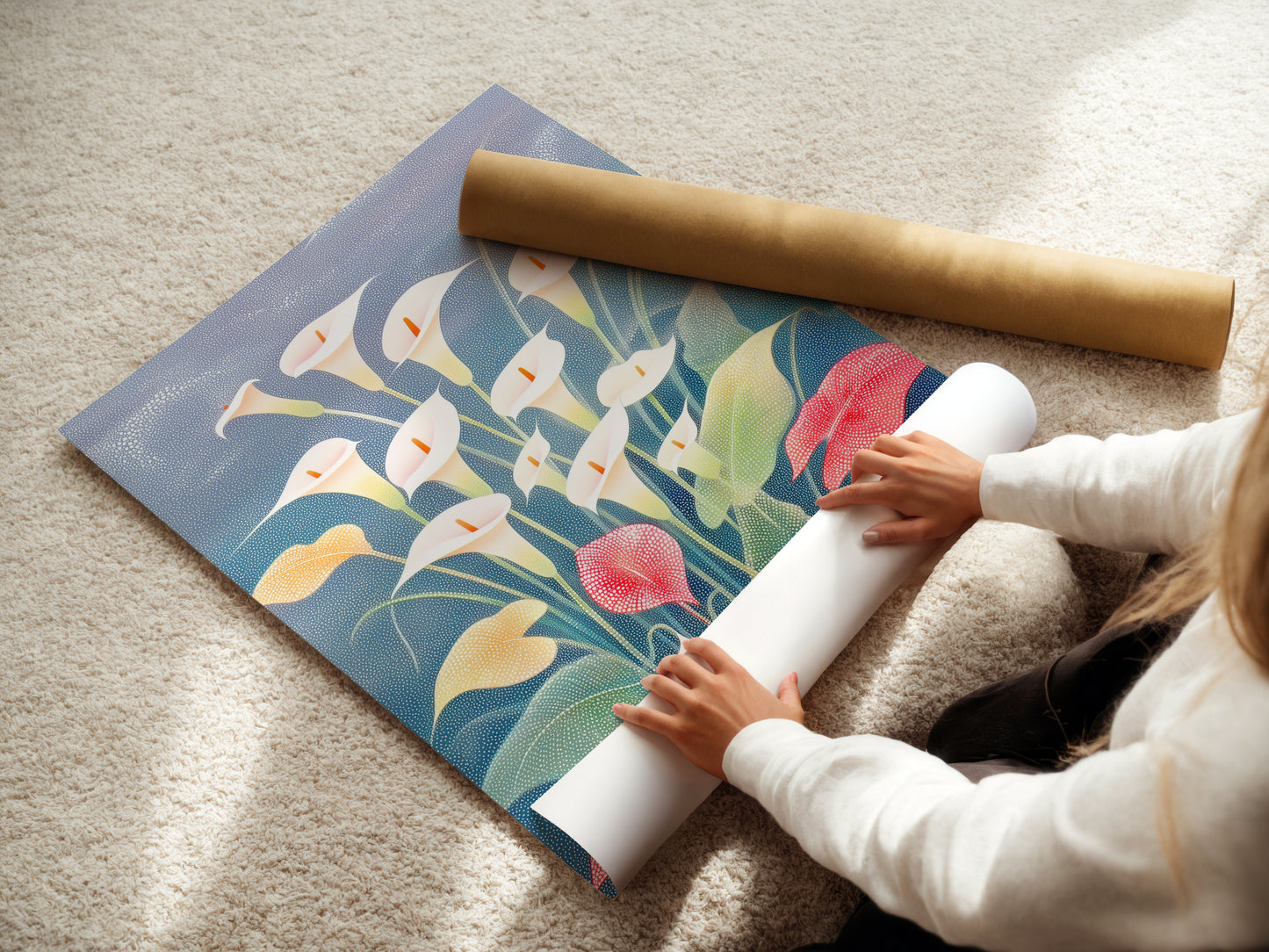 A woman is carefully rolling a fine art poster paper. This paper features a Calla Lily art print. The floral print is a botanical artwork. This is ideal for modern spring home decor. It enhances a minimalist style.