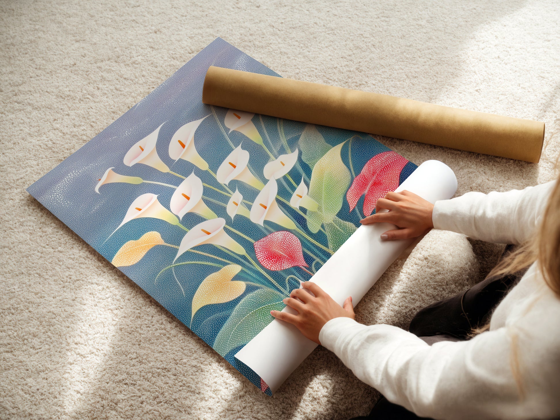 A woman is carefully rolling a fine art poster paper. This paper features a Calla Lily art print. The floral print is a botanical artwork. This is ideal for modern spring home decor. It enhances a minimalist style.