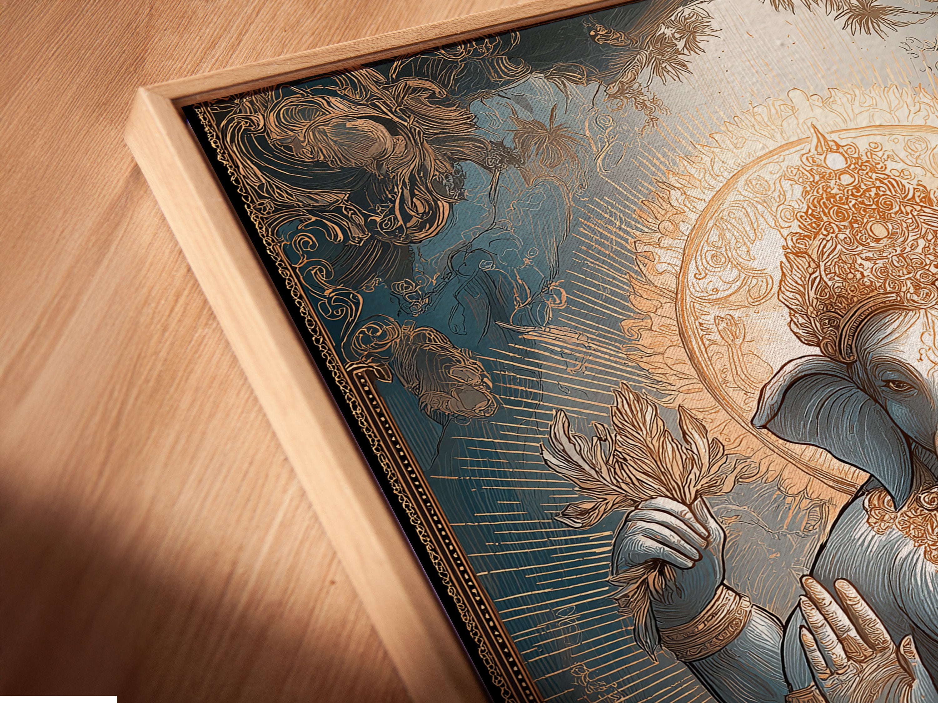 A close-up of Ganesha Canvas Art in a floating frame. The Hindu deity print makes a statement. The Elephant God art is a spiritual canvas. The Lotus art print enhances any room's aesthetic.