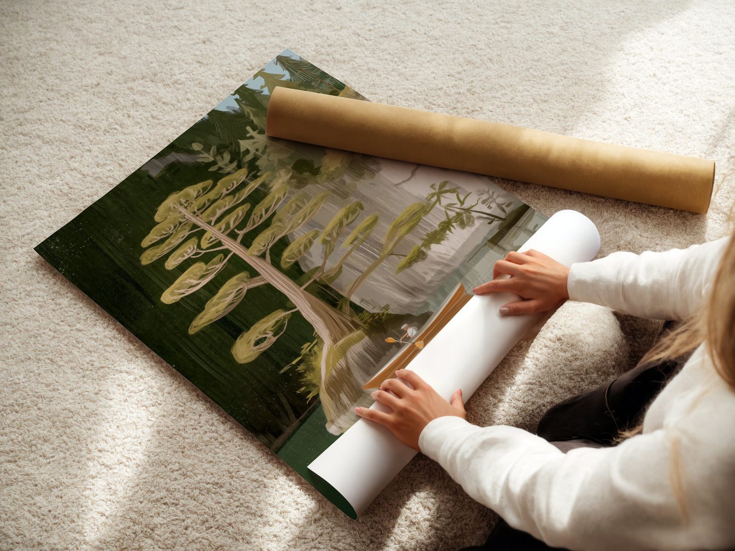 A woman carefully rolls a fine art poster paper print of the Lake and Canoe artwork. High-quality materials ensure vibrant colors and lasting beauty. Perfect for those who appreciate fine details in their wall art. Get ready to display stunning cabin decor.