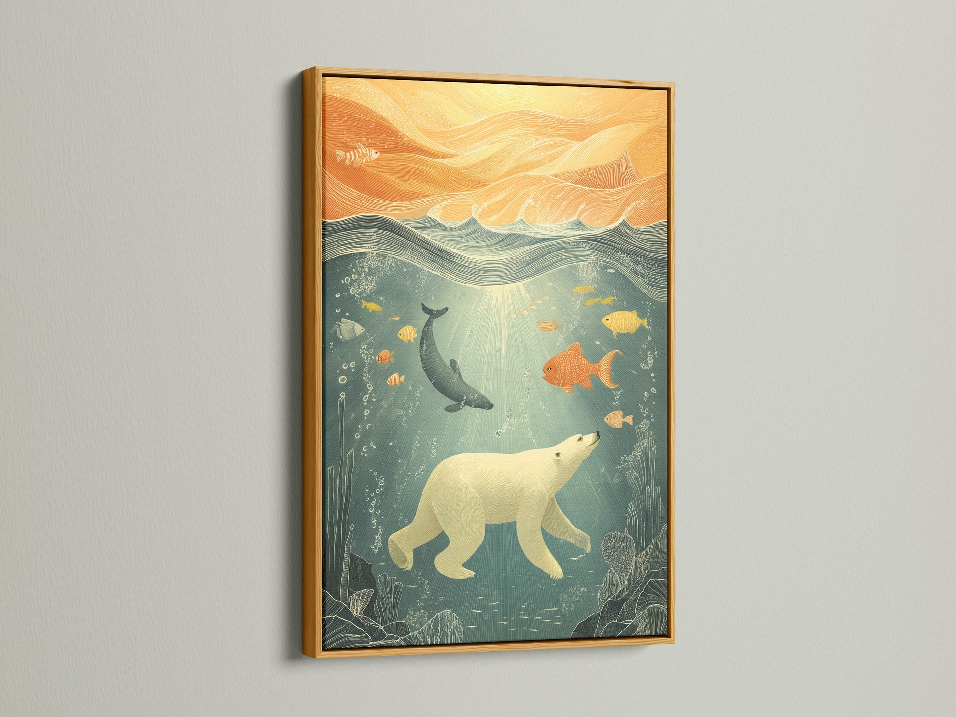 Ocean Wildlife Canvas Print in a gold frame. This wall decor is great for kids rooms. The artwork features a polar bear and fish underwater. The art complements coastal Scandinavian and modern styles. Enhance your space with this charming piece of aquatic art today.