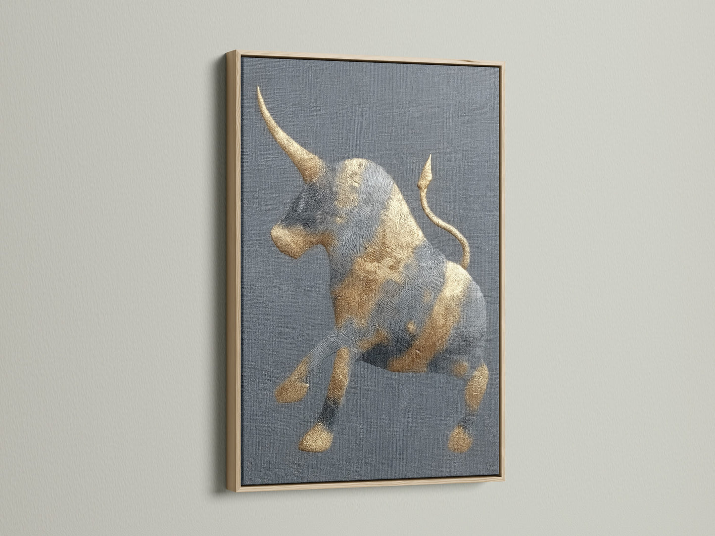 This golden bull artwork features an oak frame. The abstract animal wall art is perfect for modern farmhouse decor. The frame enhances the artwork's rustic appeal. It complements minimalist and Scandinavian styles. Ideal for study rooms and masculine spaces.