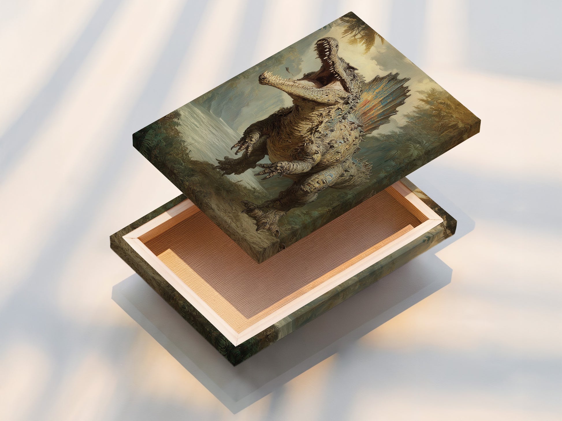 Stretched canvas print featuring a dinosaur. The artwork showcases a large dinosaur roaring in a prehistoric landscape. The canvas is stretched tightly over a wooden frame. This provides a gallery-ready look. It's a great way to display art in your home.