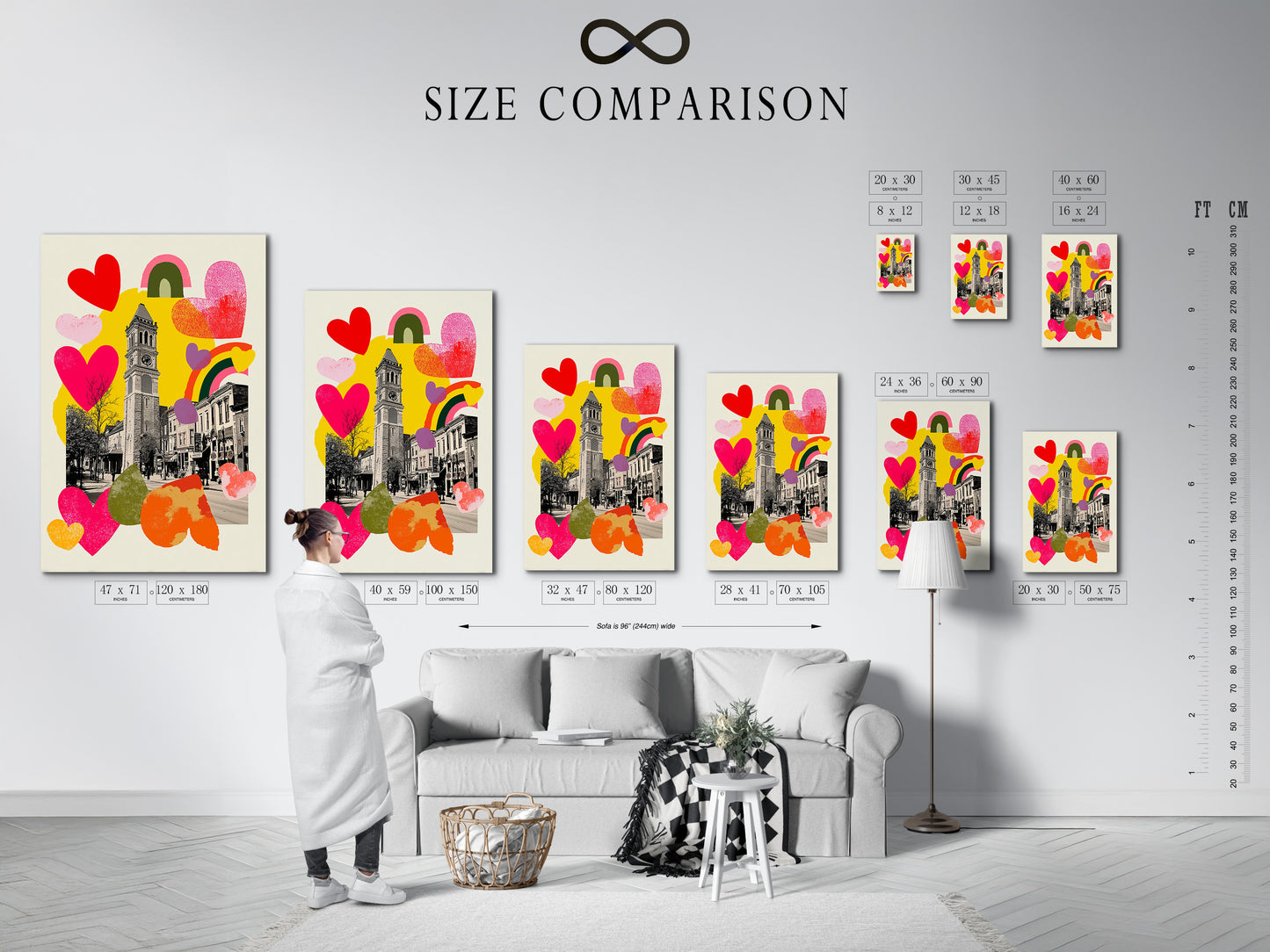 A size comparison chart displayed in an interior setting. The chart shows various sizes of art prints. It allows you to visualize how the artwork will fit in your space. Find the perfect size for your wall. Plan your art installation with confidence.