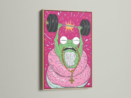 Fitness Frog weightlifting gym art in an oak frame. The quirky motivational poster is great home gym decor. This fitness wall art is a great addition to any workout space or gym.