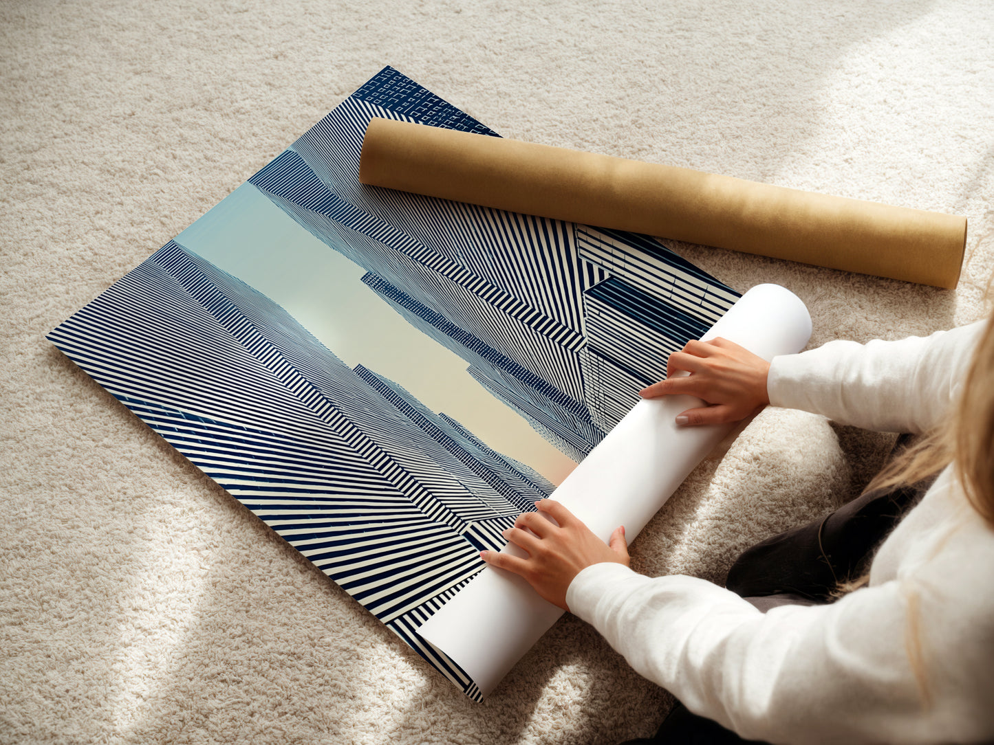 A woman rolls a fine art poster paper. This high-quality paper is perfect for the Cityscape Optical Illusion artwork. Ideal for creating stunning modern wall art. The black and white print looks amazing on this premium paper. Enhance your office or home decor with this urban artwork.