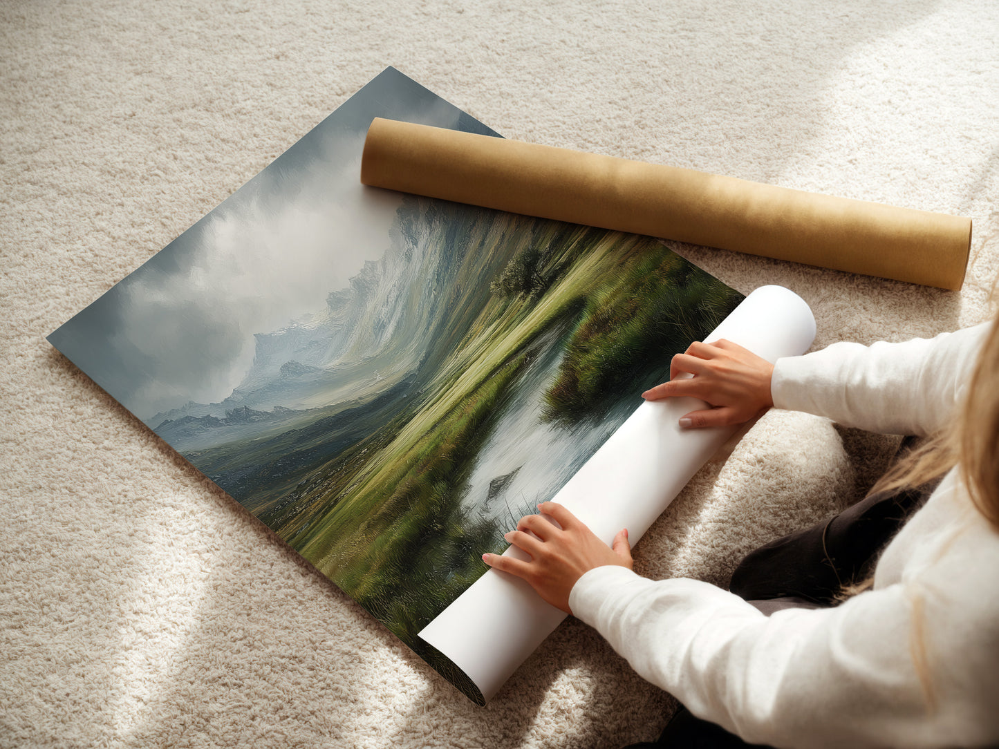 A woman carefully rolls a fine art poster paper. This highlights the care taken in handling delicate artwork. The fine art poster paper is ideal for high-quality prints. Proper handling ensures the artwork remains pristine. Perfect for preserving the artwork's integrity.