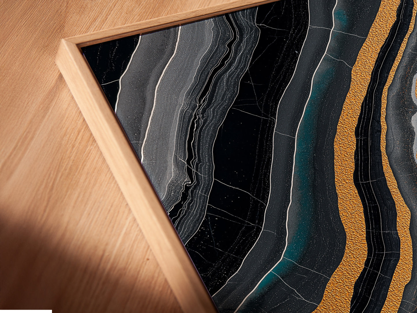 A close-up shot reveals the exquisite details of a canvas print. It's elegantly presented in a floating frame. This artwork showcases a captivating blend of colors and textures. The floating frame adds a touch of depth and sophistication. Enhance your home decor with this unique piece.