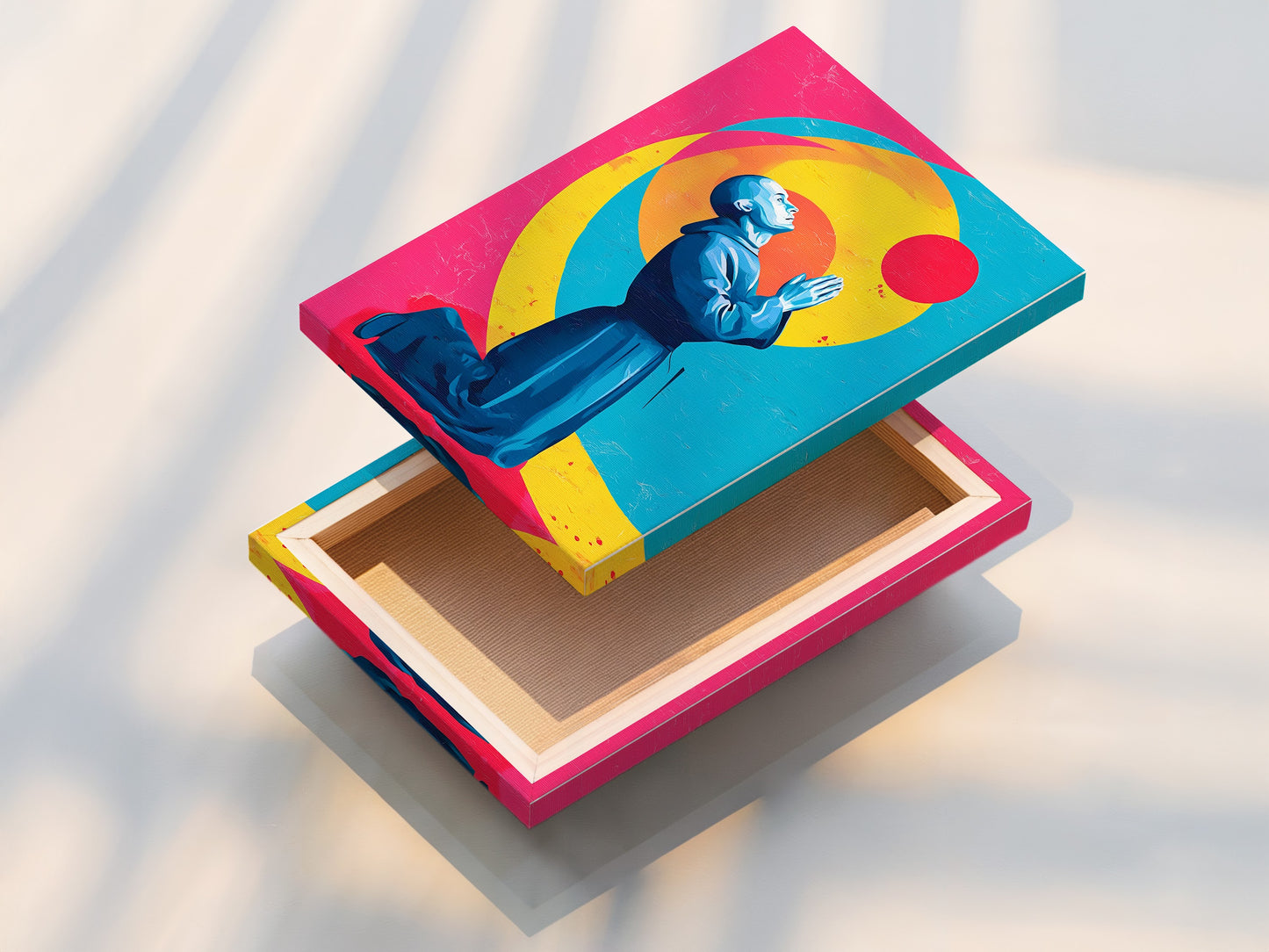 Stretched canvas print of the Praying Figure artwork. This religious art is ready to hang. The spiritual decor is perfect for living rooms and bedrooms. The teal blue and pink colors add a modern touch.