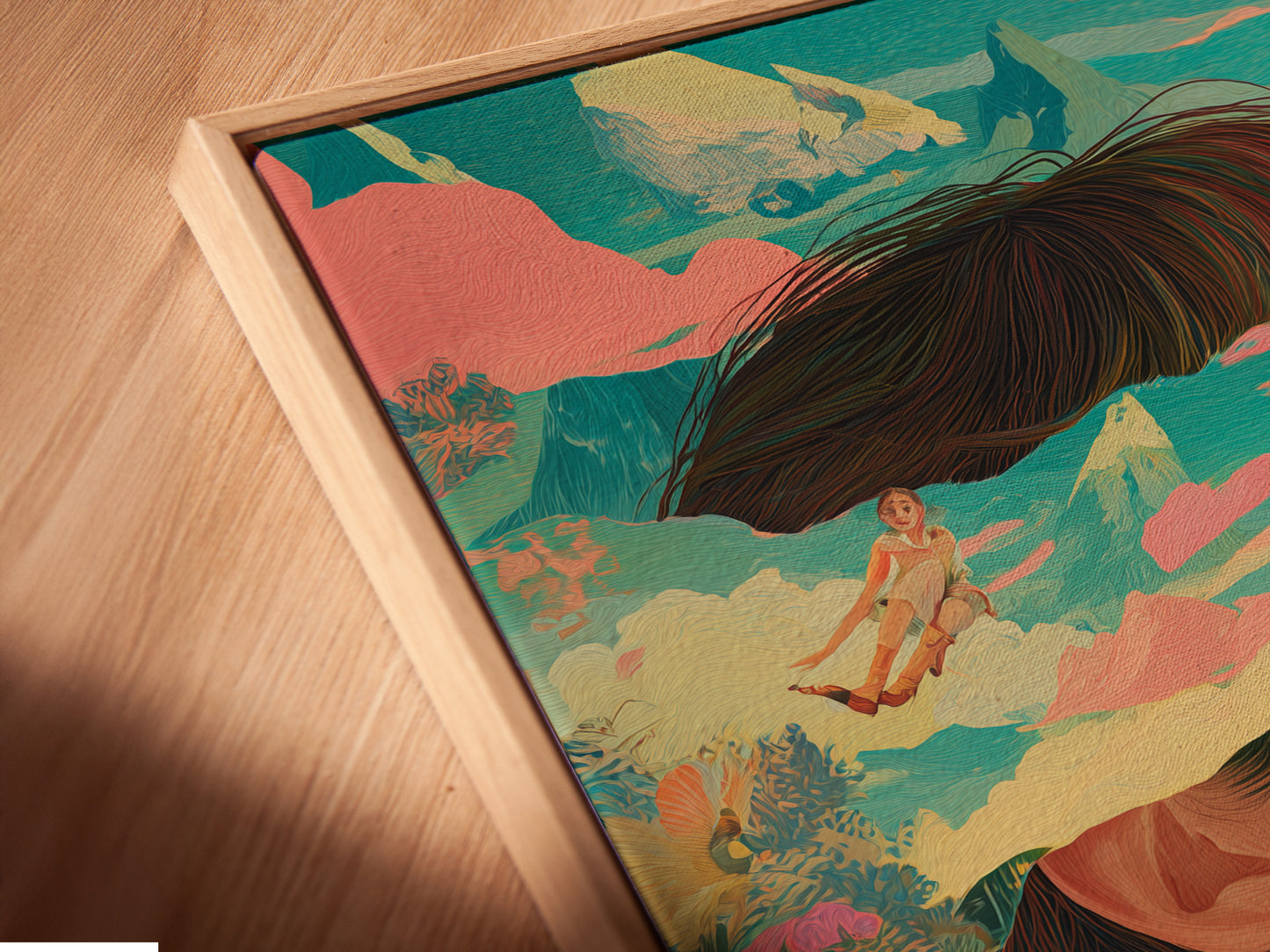 Here is a close-up of a canvas print in a floating frame. The frame enhances the artwork. The art features a woman with sunglasses in a surreal landscape. This frame style adds depth and dimension. Perfect for modern interiors.