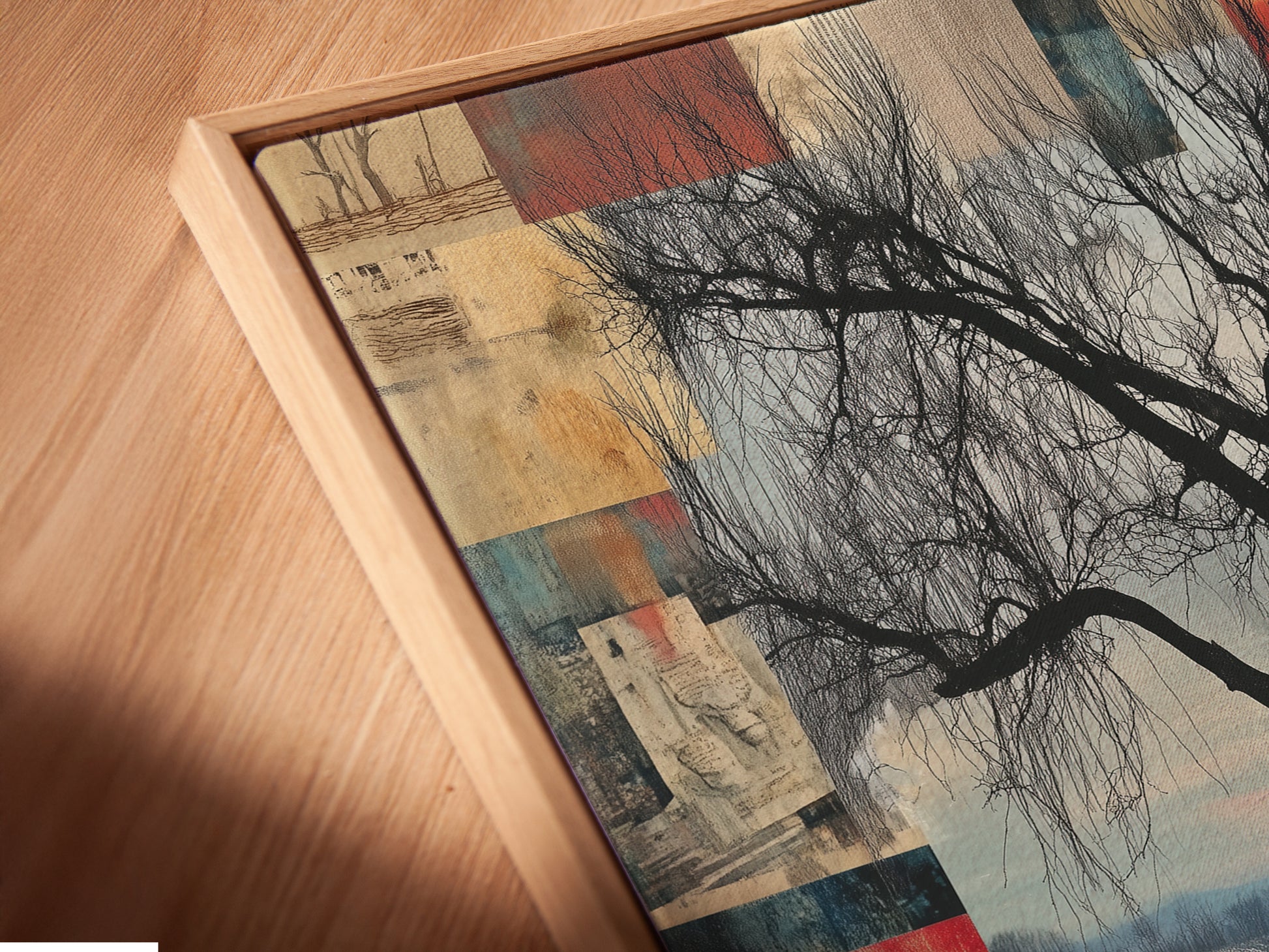 Close-up of a Crane Bird Abstract Lake canvas print in a floating frame. The artwork appears to float adding a modern touch. The floating frame enhances the depth and detail of the nature print. Perfect for creating a focal point.