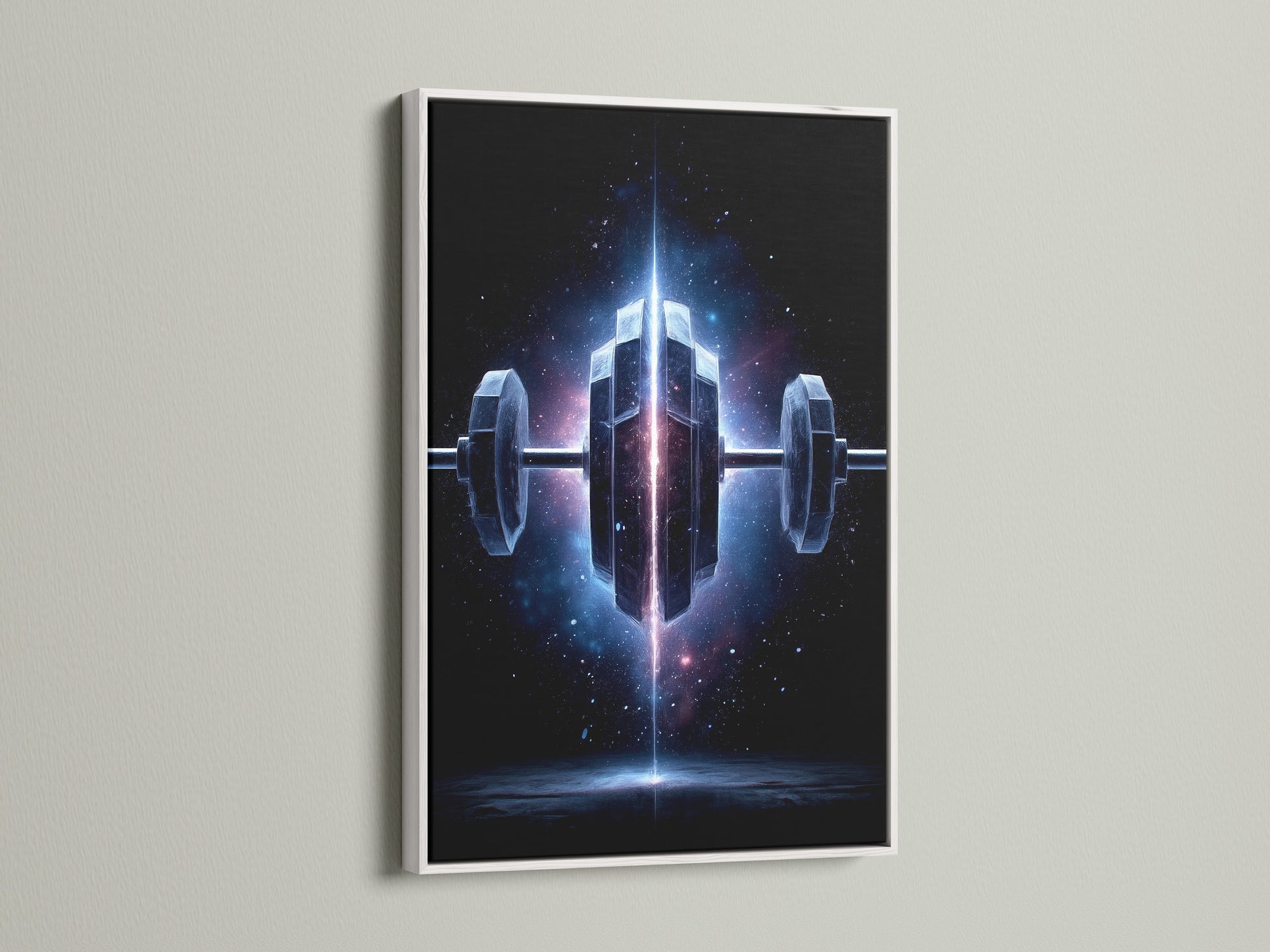 The Cosmic Dumbbell art is displayed in a white frame. This gym wall decor is perfect for fitness studio decor. The galaxy workout art is a space themed piece. Motivational art that will elevate your workout.