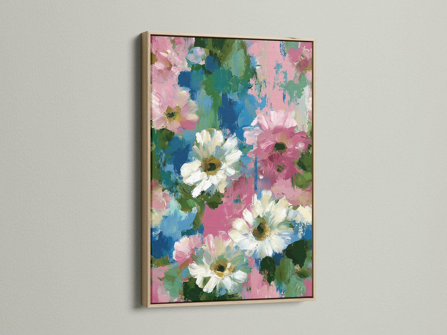 Floral canvas artwork with an oak frame. This pink and blue flower wall art enhances your bedroom decor. The impressionist botanical artwork brings a touch of nature indoors. It's perfect for homeowners and interior stylists. This daisy art print adds a cottagecore touch. The spring wall art brightens up any space. Ideal for eclectic aesthetics and floral home decor.