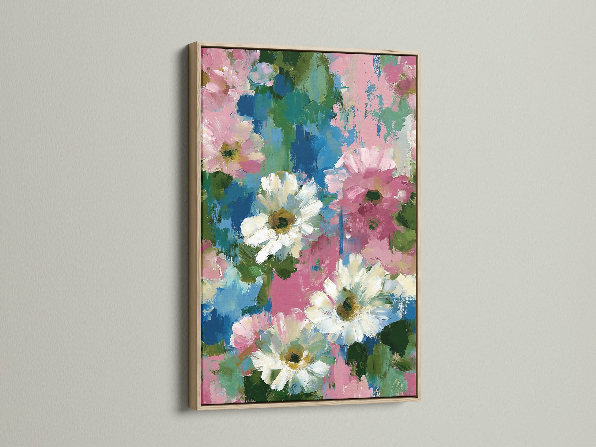Floral canvas artwork with an oak frame. This pink and blue flower wall art enhances your bedroom decor. The impressionist botanical artwork brings a touch of nature indoors. It's perfect for homeowners and interior stylists. This daisy art print adds a cottagecore touch. The spring wall art brightens up any space. Ideal for eclectic aesthetics and floral home decor.