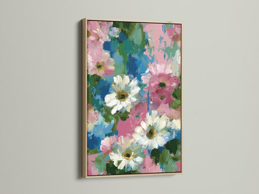 Floral canvas artwork with an oak frame. This pink and blue flower wall art enhances your bedroom decor. The impressionist botanical artwork brings a touch of nature indoors. It's perfect for homeowners and interior stylists. This daisy art print adds a cottagecore touch. The spring wall art brightens up any space. Ideal for eclectic aesthetics and floral home decor.