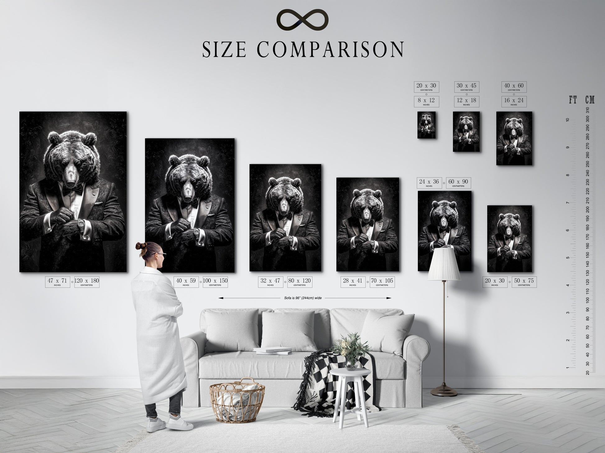 An interior setting showcases a size comparison chart for artwork. The chart helps visualize different art sizes in a room. It assists in making the right choice for your space. Use our size comparison chart to find the perfect artwork dimensions. Ensure your art fits seamlessly into your home decor. Plan your art layout effectively.
