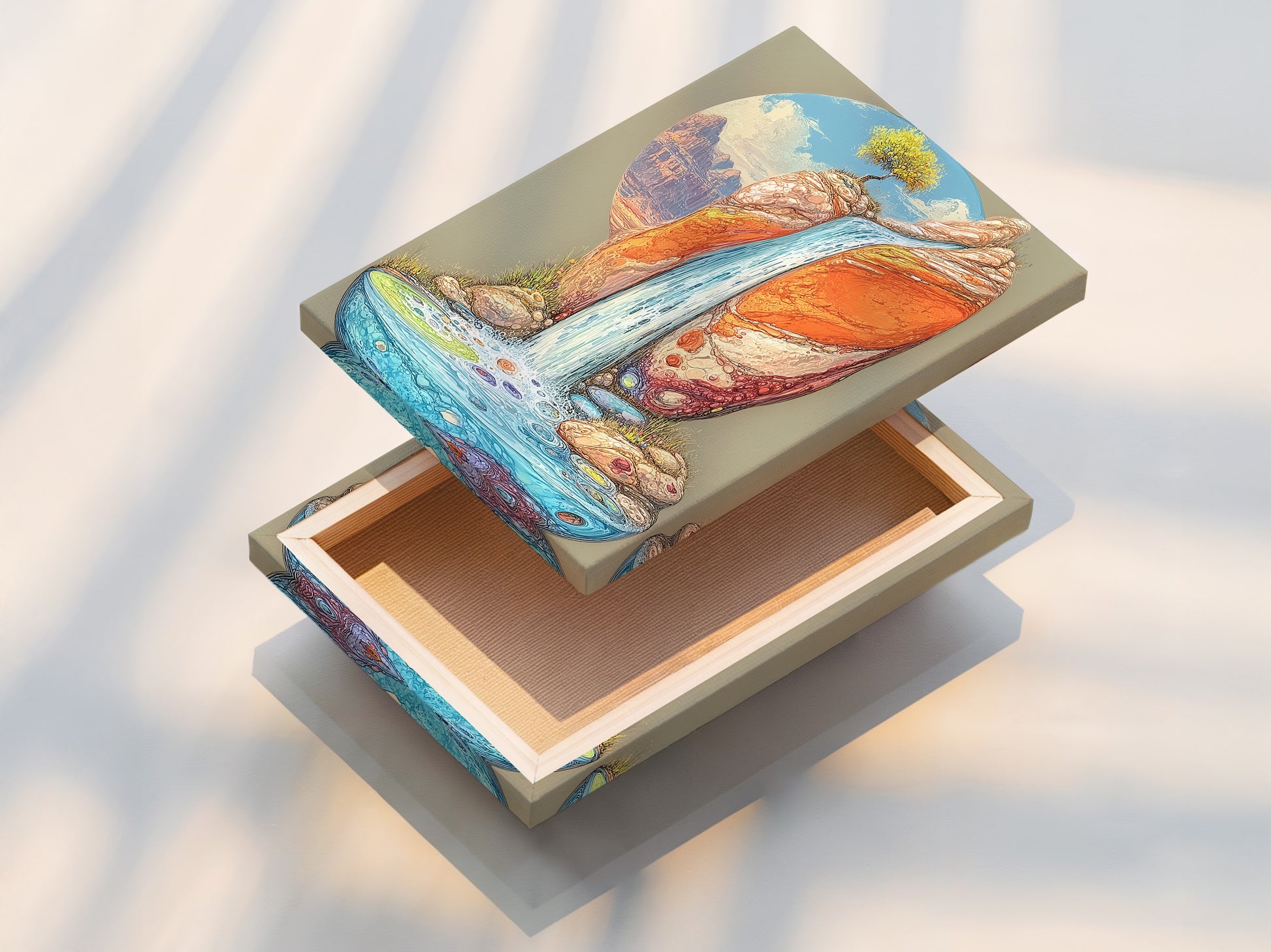 A stretched canvas print showcases the desert waterfall artwork. The southwestern landscape print is ready to hang and admire. This boho nature wall decor is perfect for bedrooms and offices. Its vibrant colors and detailed design enhance any living space.