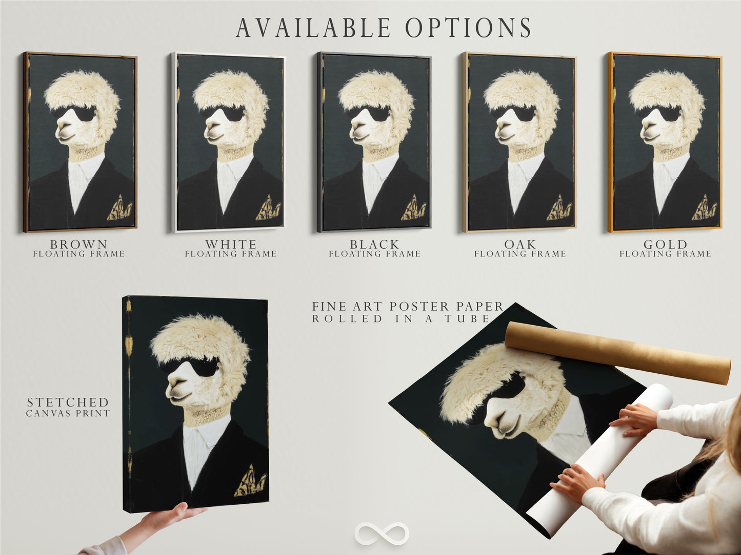 Available options for the Cool Llama Art Print are displayed. Choose from stretched canvas print fine art poster paper or a floating frame. Customize your quirky animal art to match your style. Perfect for any space.
