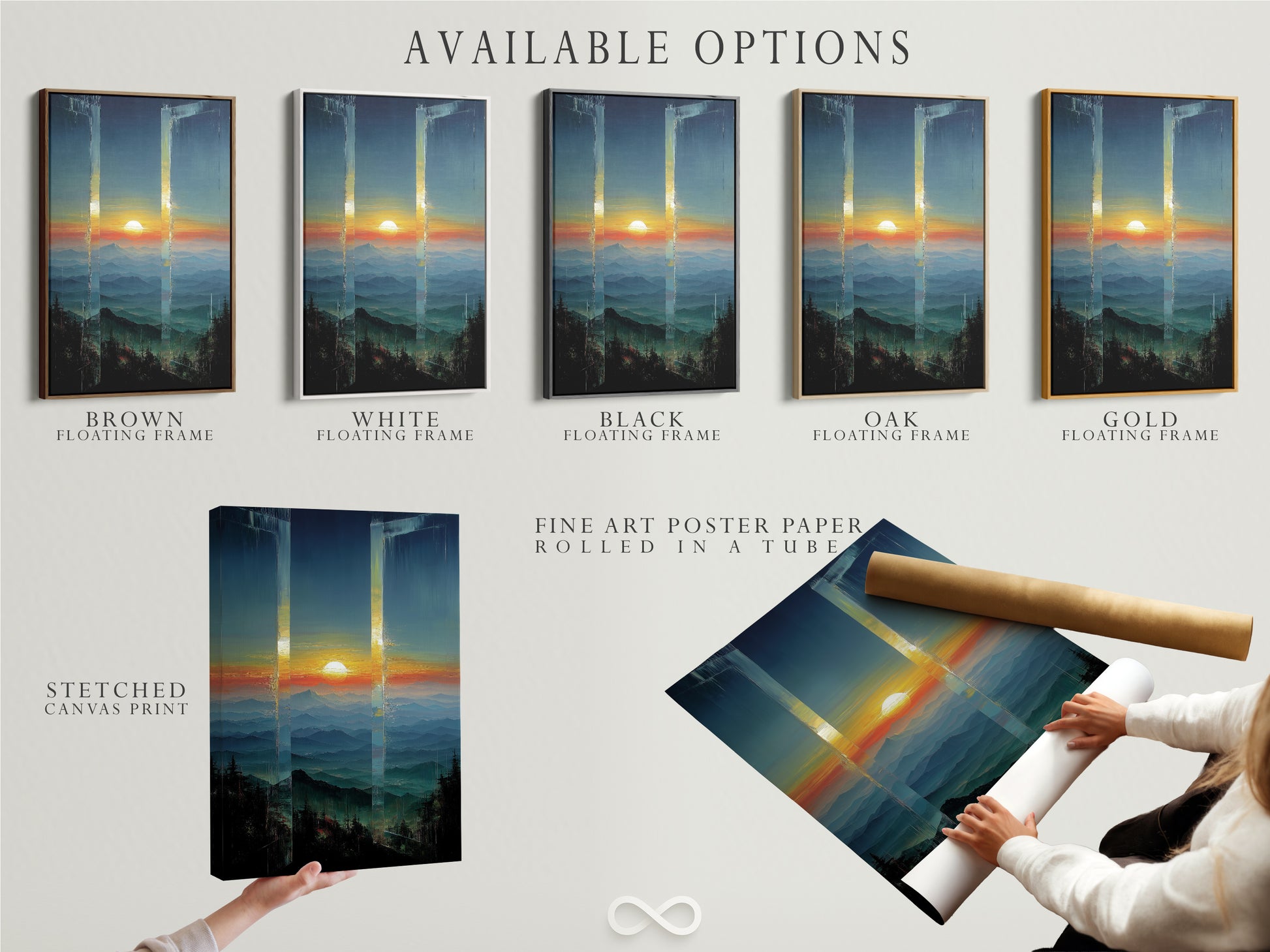 Explore the available options for our mountain sunset artwork. Choose between a stretched canvas print. Opt for fine art poster paper or a floating frame. Customize your modern artwork to suit your style.