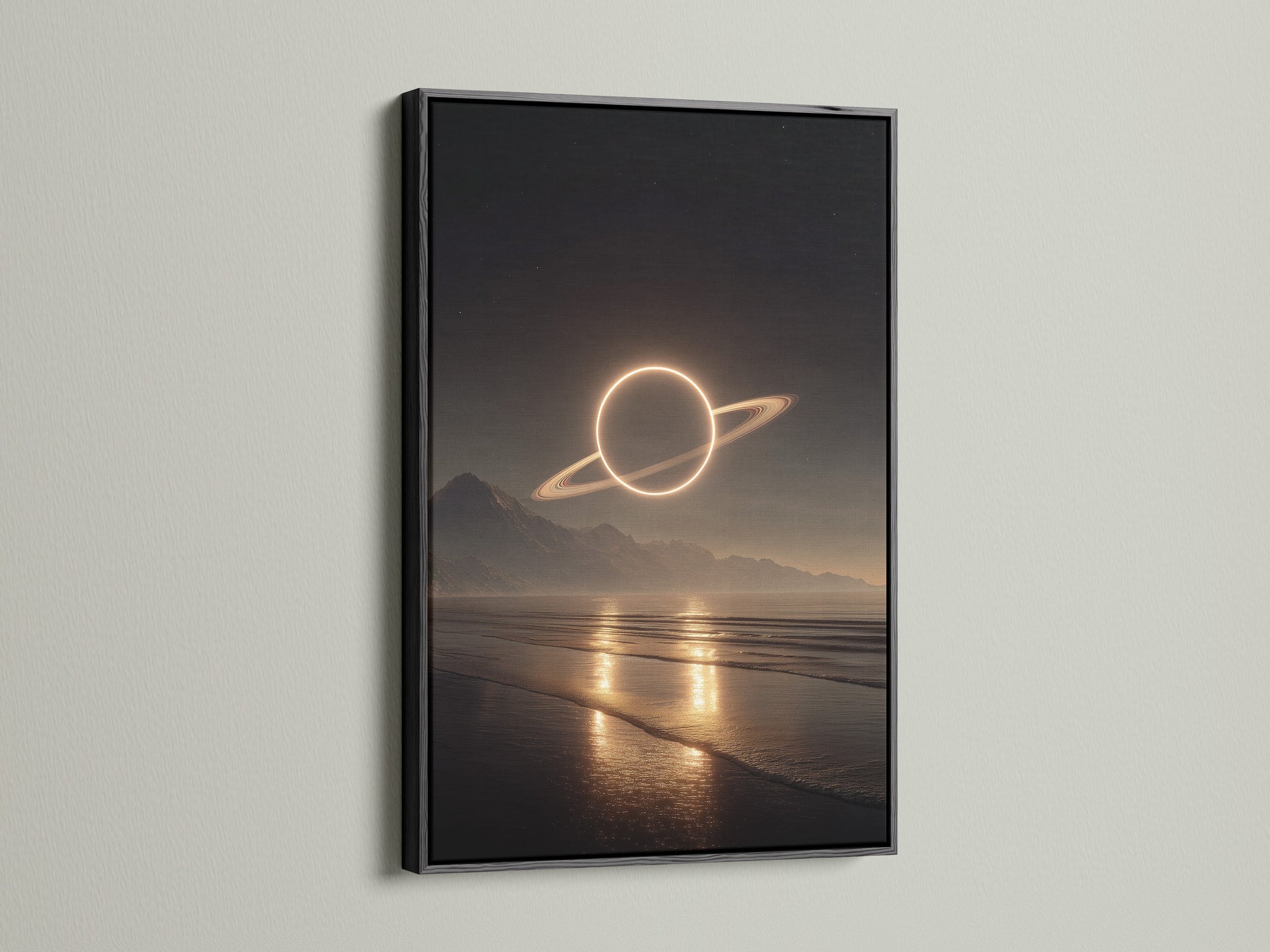 The artwork is showcased in a sleek black frame. The art features a planet over a serene beach at night. A black frame adds a touch of sophistication. It creates a bold contrast. This frame enhances the artwork's visual impact.