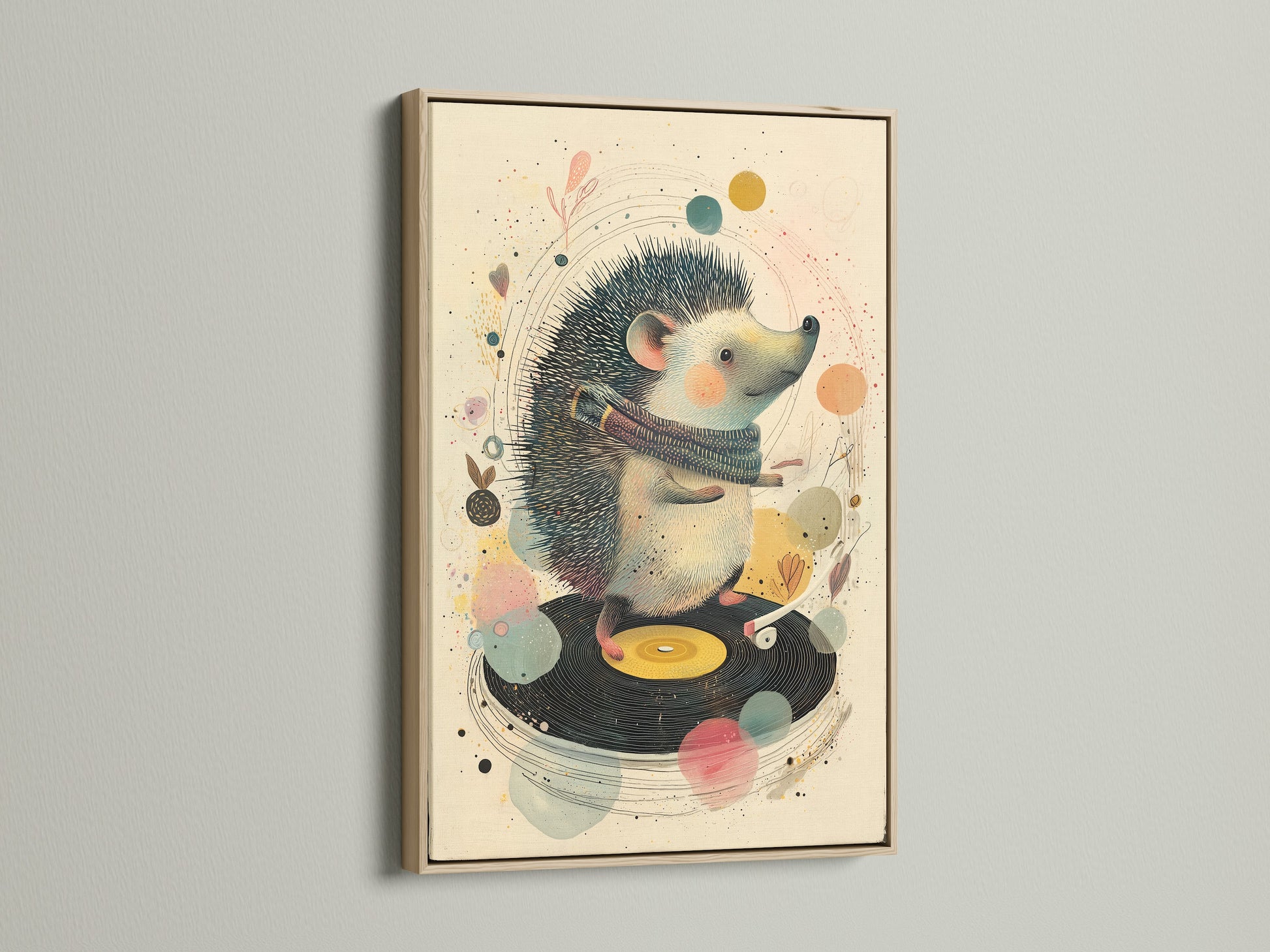 An oak frame displays a whimsical artwork. A hedgehog is depicted DJing on a record player. The oak frame enhances the artwork's warmth. Discover oak frames for your cherished artwork. Elevate your space with framed art.