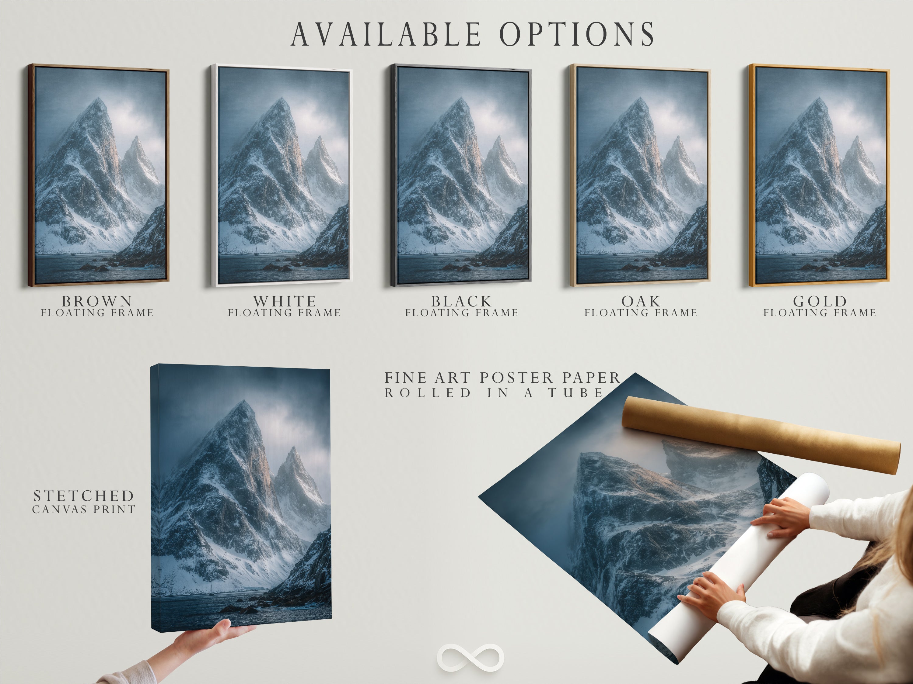 Available options are shown: stretched canvas print fine art poster paper and floating frame. Select your preferred format for this coastal mountain range artwork. Customize your art today.