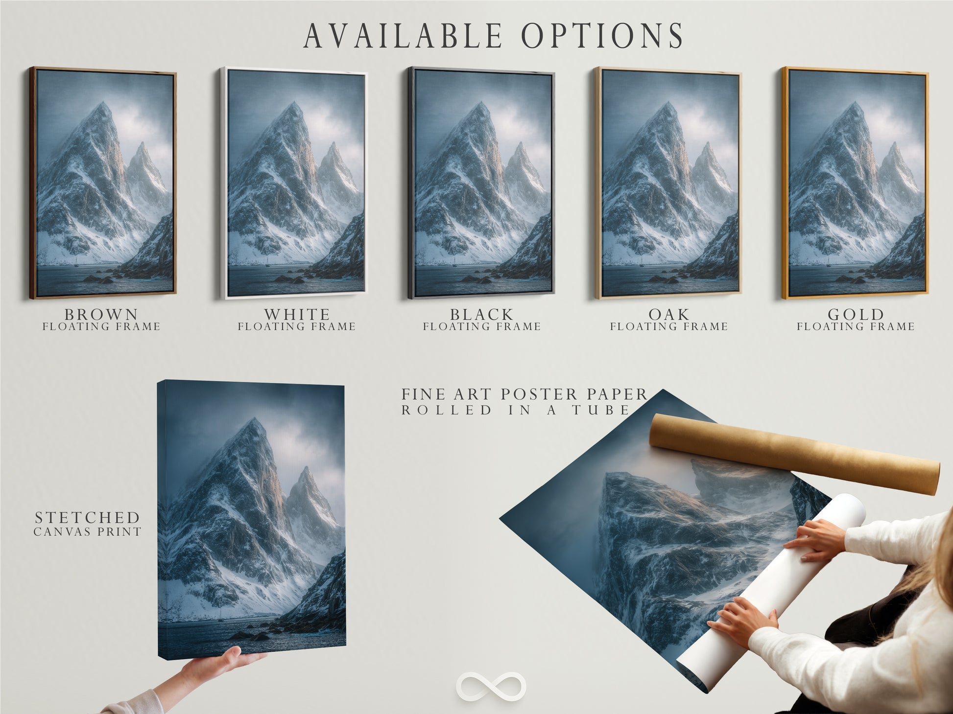Explore available options for this mountain art. Choose from stretched canvas prints fine art poster paper or floating frames. Customize your snowy landscape wall art to fit your style. Enhance your modern decor.