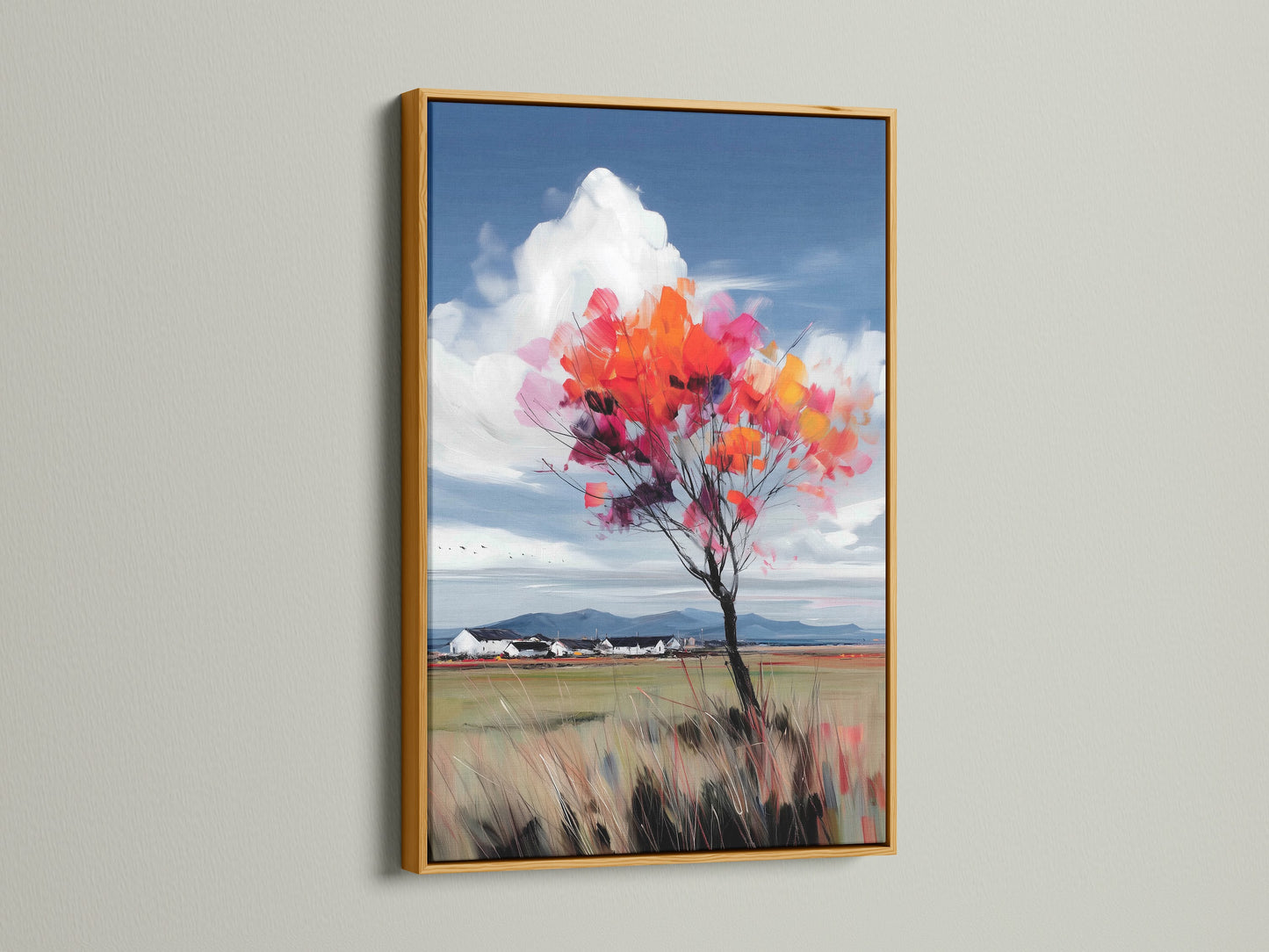 A gold frame highlights the beauty of this autumn tree artwork. The colorful fall foliage print offers a vibrant landscape scene. This artwork is ideal for adding a touch of elegance to your decor. The gold frame complements the warm autumn colors. It's perfect for any room.