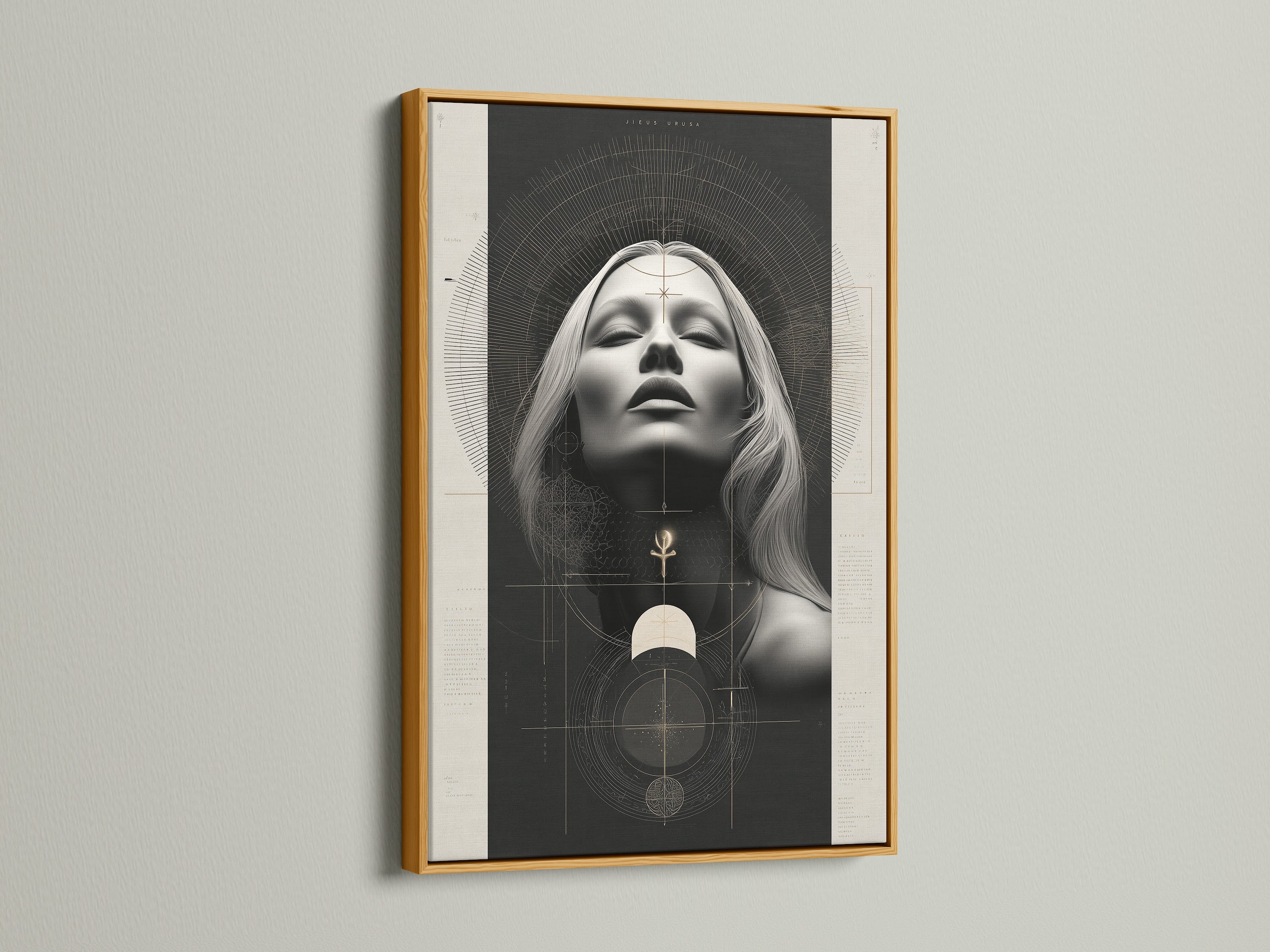 Goddess artwork print in a gold frame. This unique piece combines sacred geometry with a mystical woman portrait. Perfect for spiritual home decor and adding a touch of divine feminine art to your space. Ideal for living rooms bedrooms and meditation spaces.