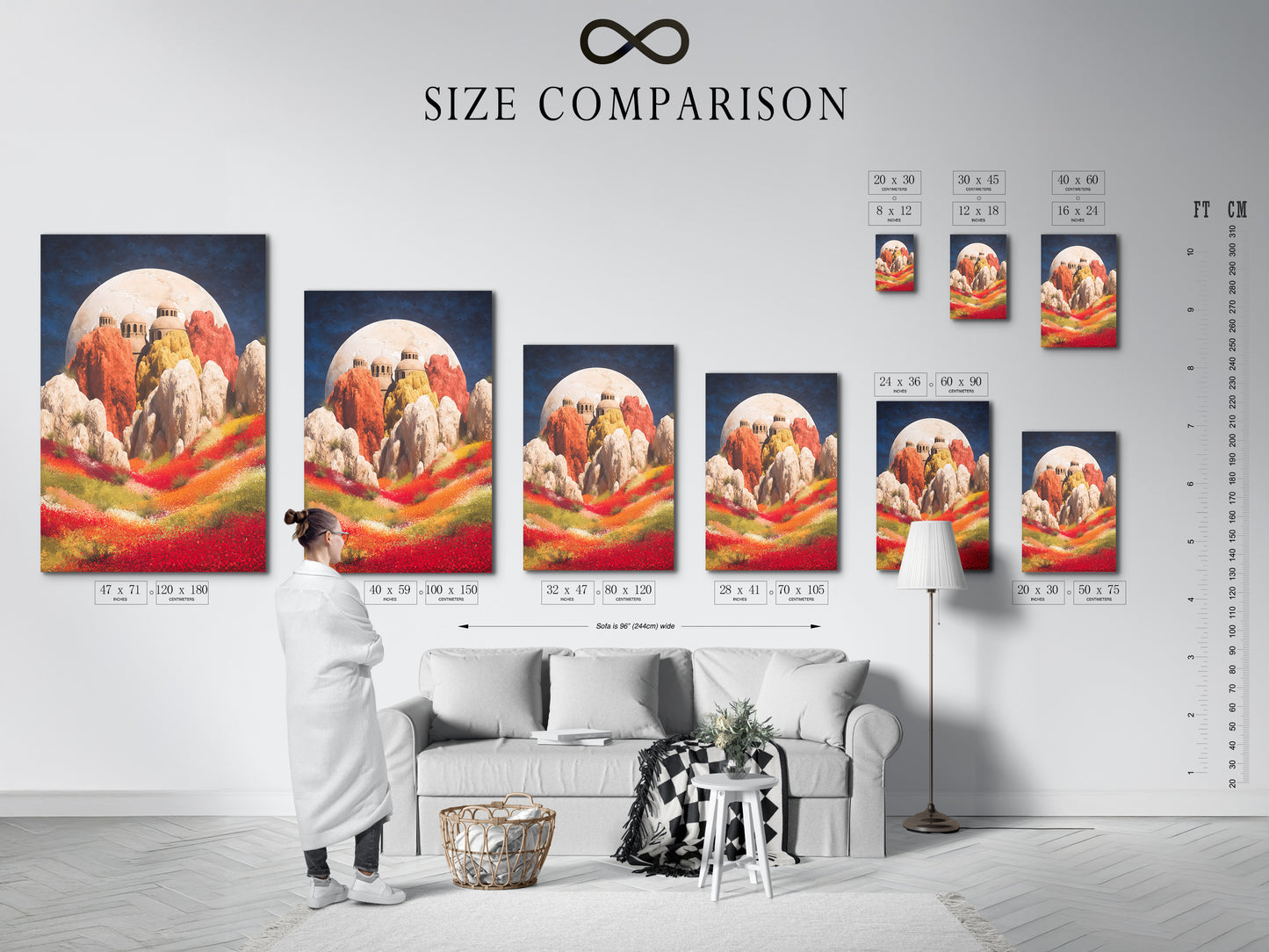 A size comparison chart in an interior setting. The fantasy landscape artwork features a dreamy floral field. This colorful canvas is ideal for bedroom wall decor. It adds unique wall decor to hallway prints.