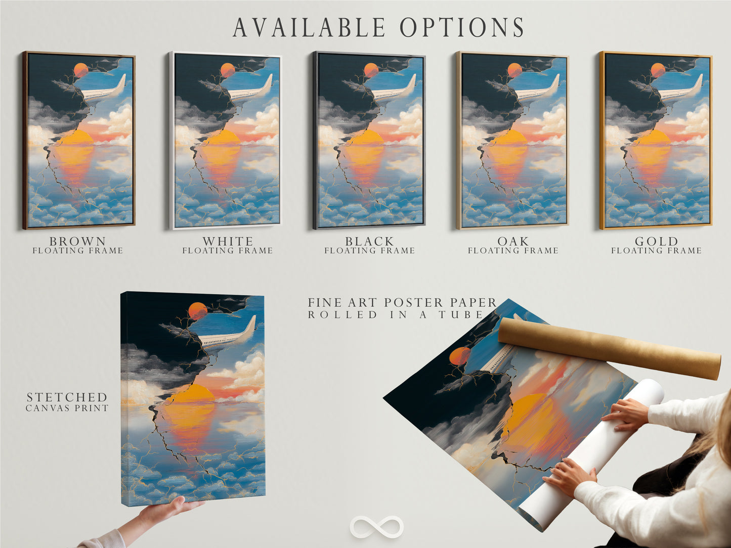 Available options include a stretched canvas print fine art poster paper and a floating frame. Choose the perfect format for your aviation travel poster. The abstract sunset wall art is customizable.
