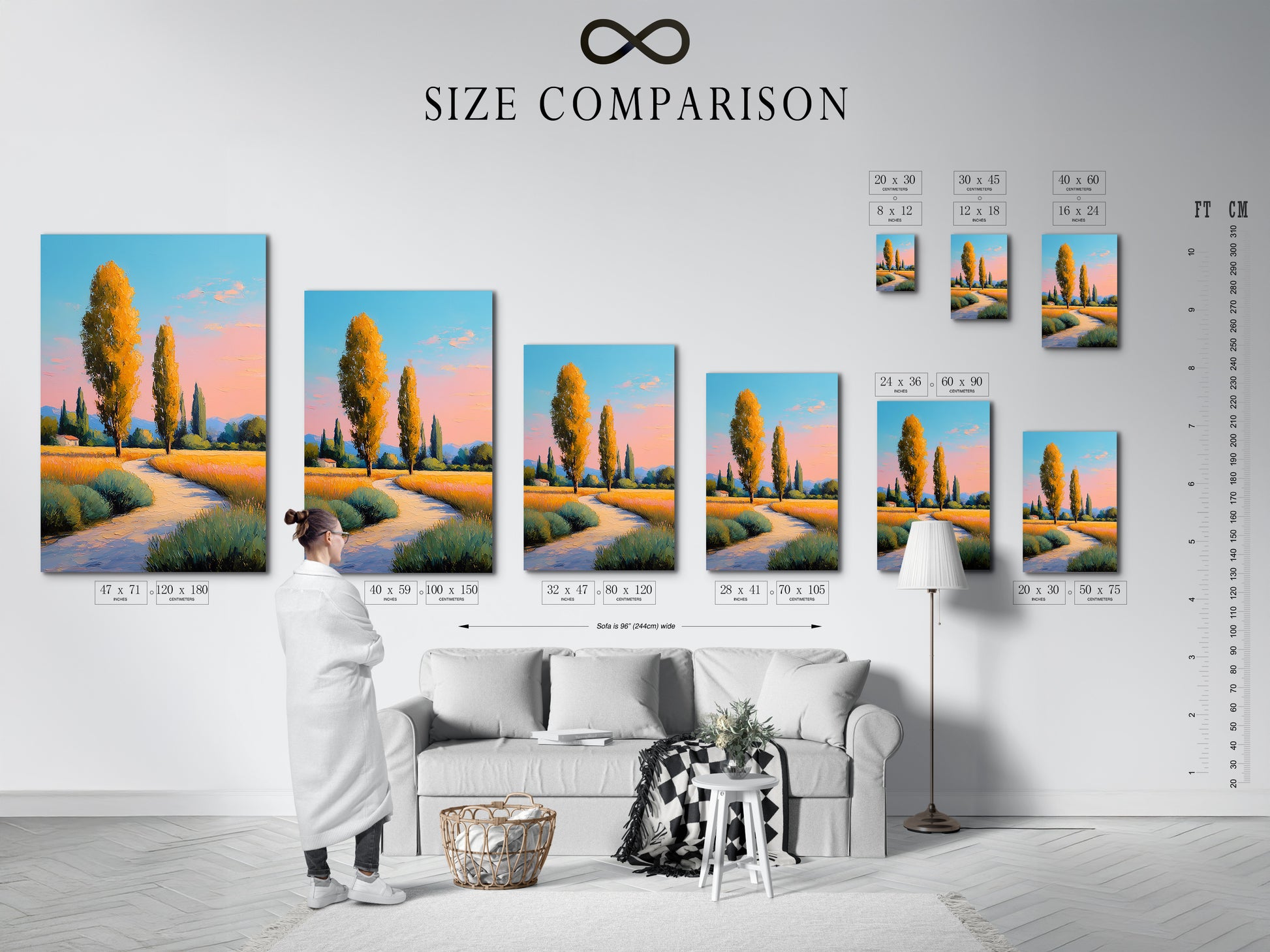 Size comparison chart in an interior setting. Showcasing various sizes of the Tuscany Landscape artwork. The golden poplar trees wall art fits any space. Choose the perfect size for your bedroom wall decor or living room wall art.