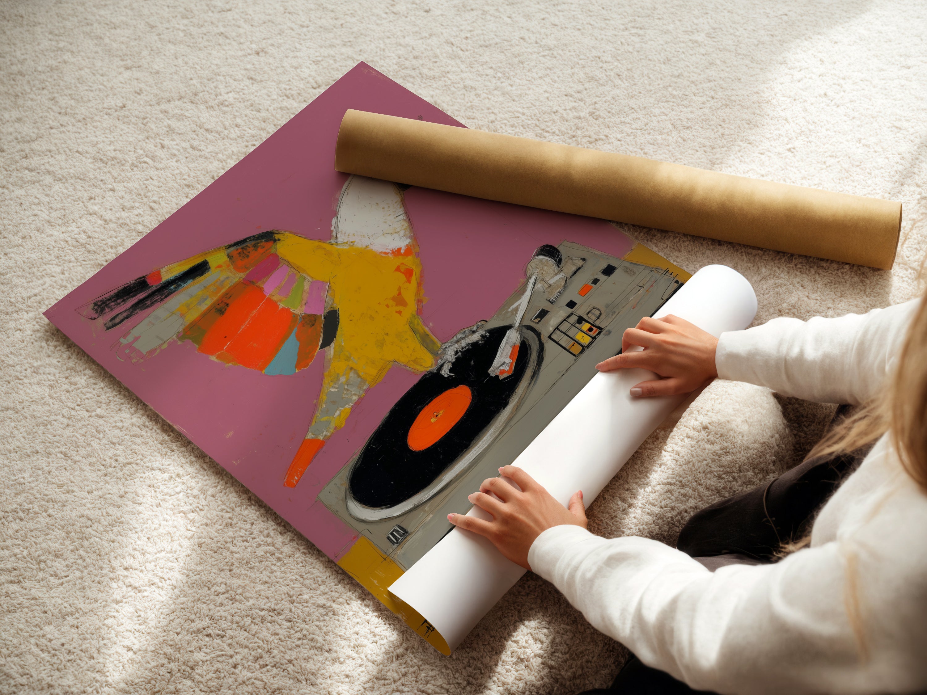 A woman is carefully rolling a fine art poster paper. The paper features the Parrot DJ artwork. This print captures a retro music scene. Perfect for adding funky wall art to your space.