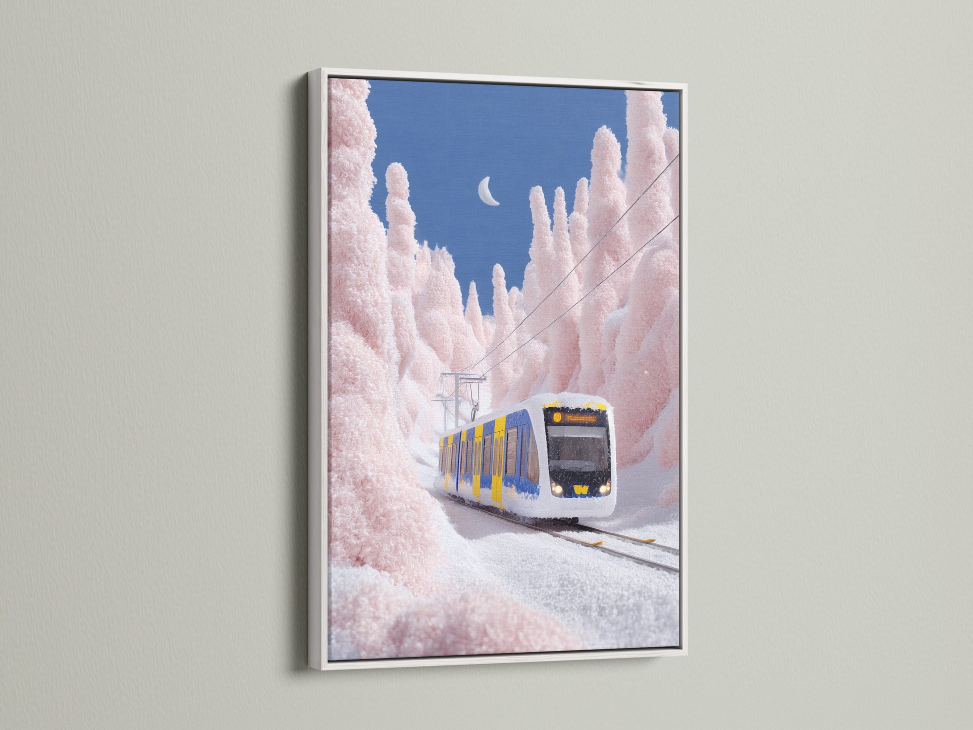 The winter train artwork is showcased in a clean white frame. A white frame offers a fresh and modern look. It complements the pink snow landscape beautifully. Ideal for minimalist or Scandinavian interior decor styles.