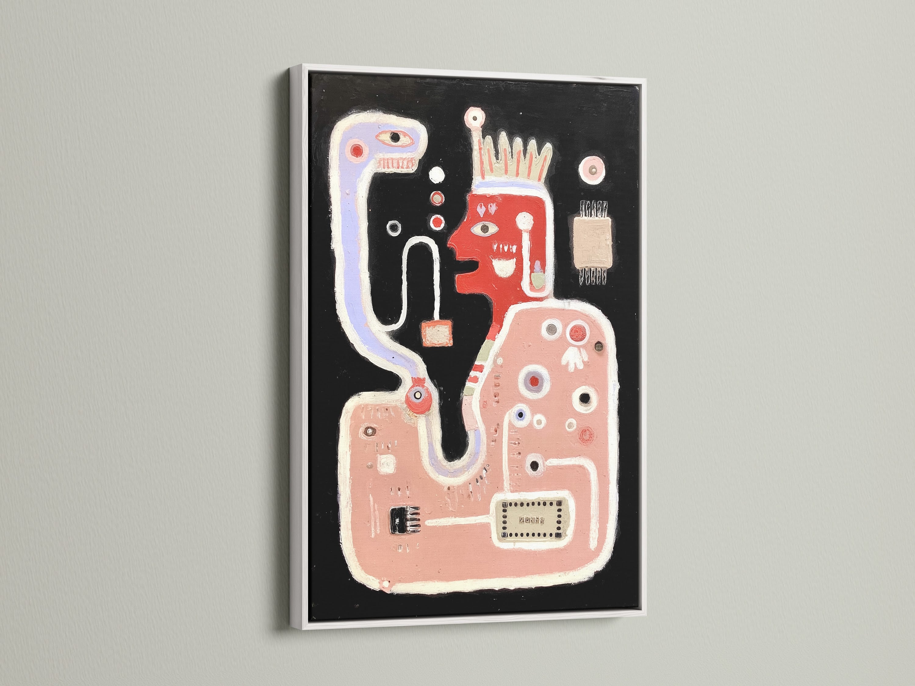 A white frame presents abstract monster art. This contemporary artwork brings a playful touch to any room. Its quirky design is perfect for kids room decor. Consider this colorful wall decor for your nursery wall art.