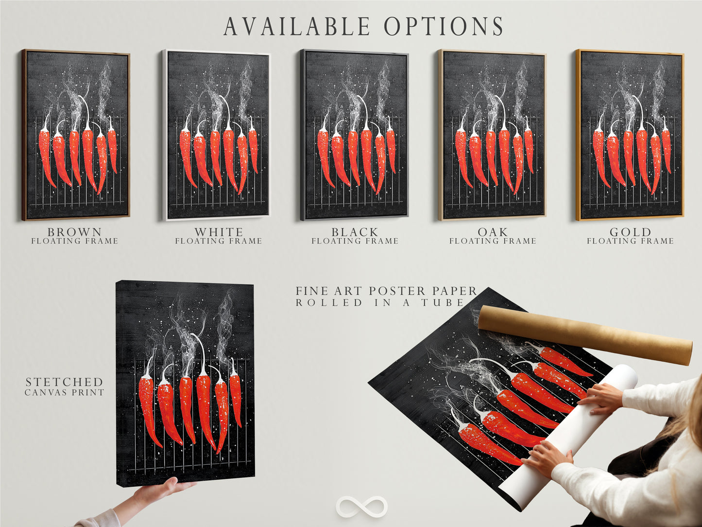 Available options for the red hot chili pepper artwork are showcased. Choose from a stretched canvas print fine art poster paper or floating frame. Perfect for modern kitchen art or restaurant decor. Find the perfect fit for your space.
