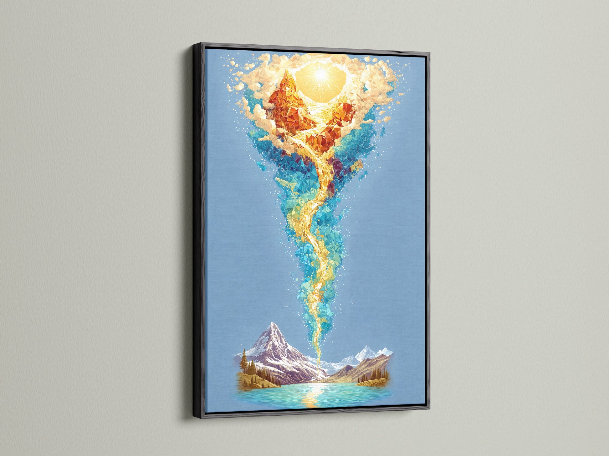 The fire water element art is displayed in a sleek black frame. The contrast enhances the blue orange art. This abstract nature art is ideal for modern spaces. Add a touch of zen to your meditation room with this artwork.