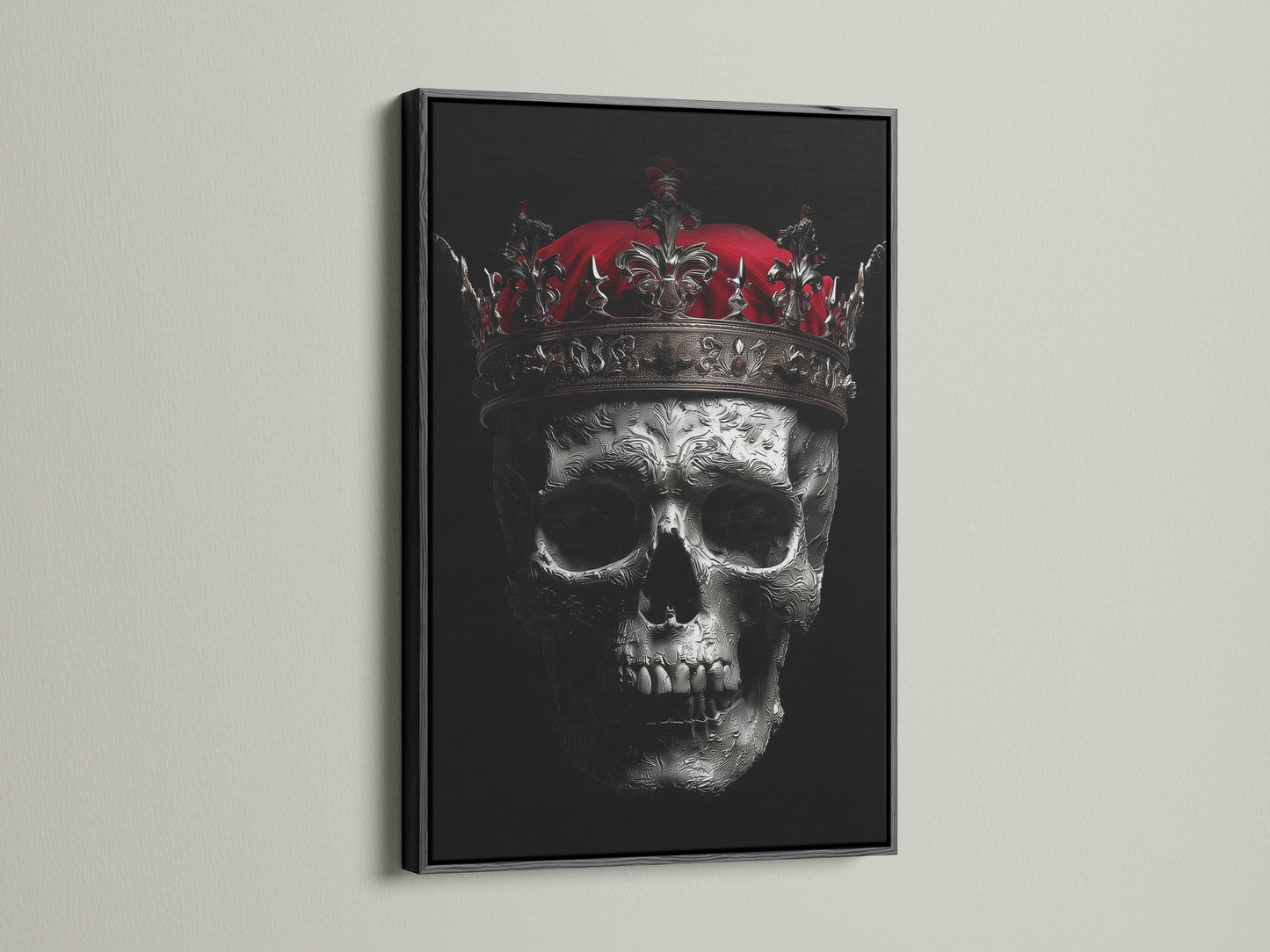 Black frame highlighting the skull king canvas print. The gothic crown and dark macabre style make it a unique piece of wall art. This art complements gothic industrial minimalist or eclectic styles. Perfect for living rooms offices and more.