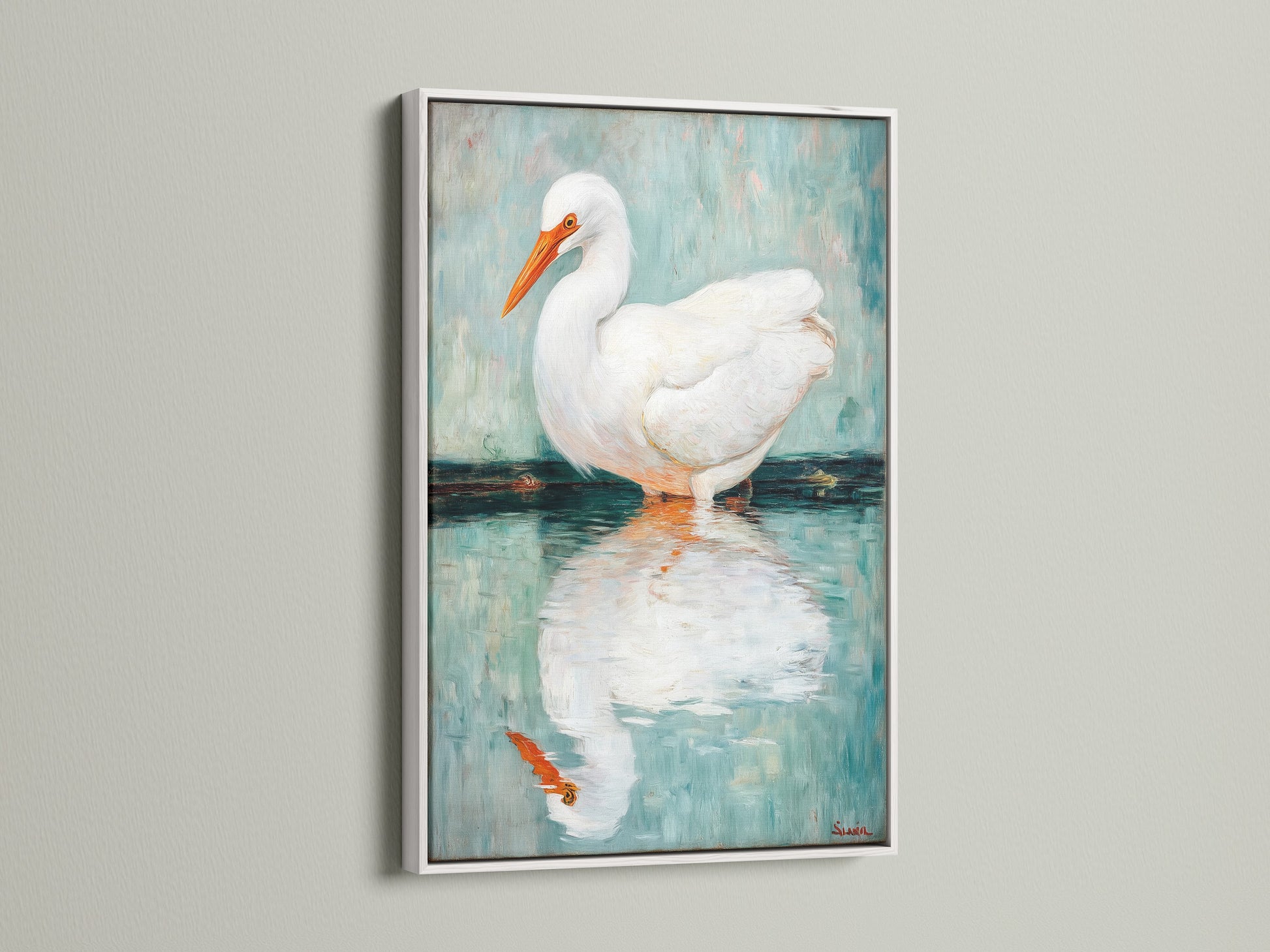 The Egret artwork is displayed in a white frame. This coastal wall art brightens any room. The white bird decor complements teal accents beautifully. The heron print brings a serene touch to your bathroom or living room. A perfect piece for adding avian art to your coastal home decor. Discover this nature artwork today.
