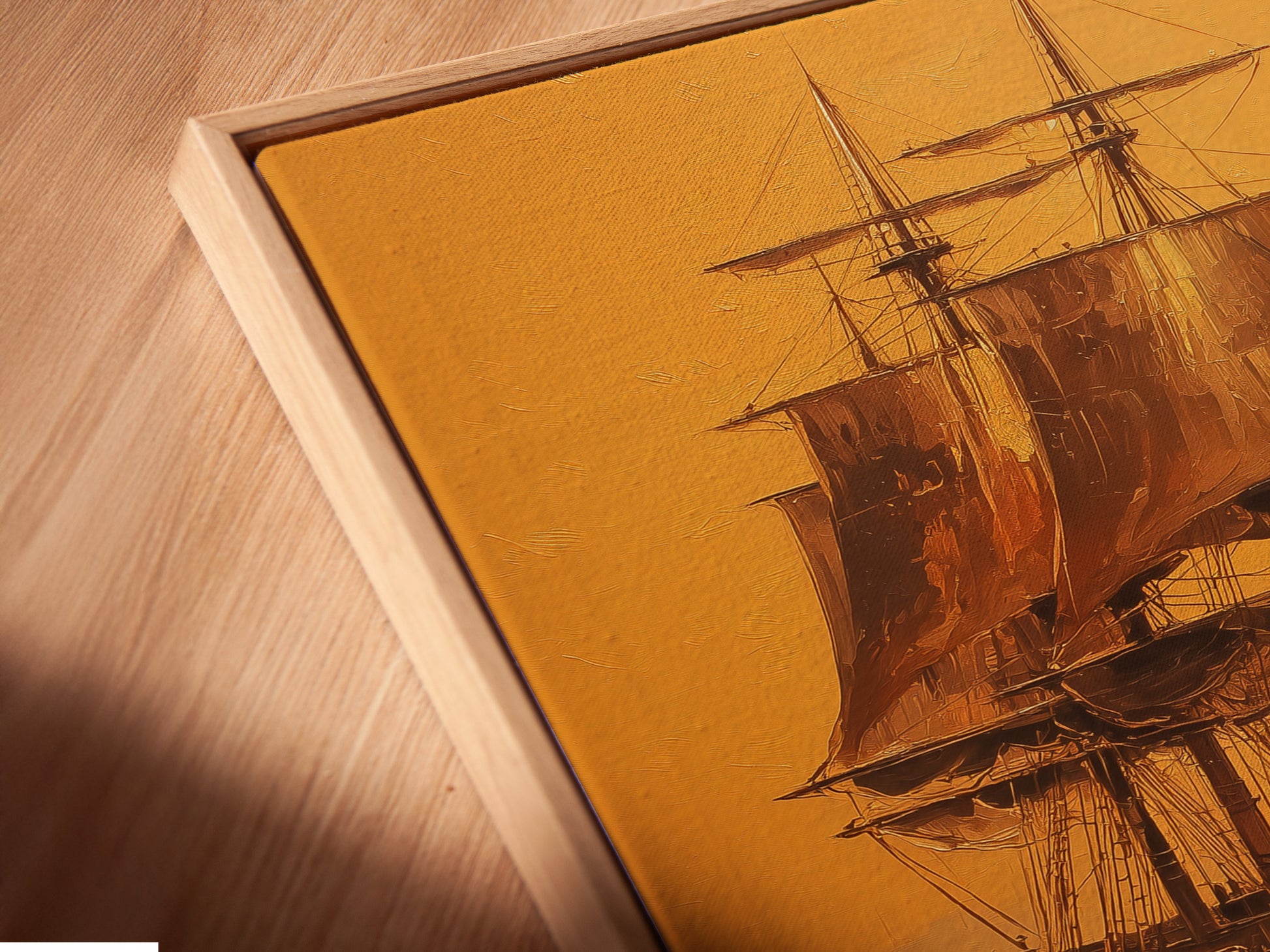 Close-up angled view of a canvas print in a floating frame. The frame enhances the artwork. It gives it a modern and sophisticated look. The canvas print is stretched. It's ready to hang and enjoy. The floating frame creates a shadow effect. It makes the artwork appear to float on the wall.